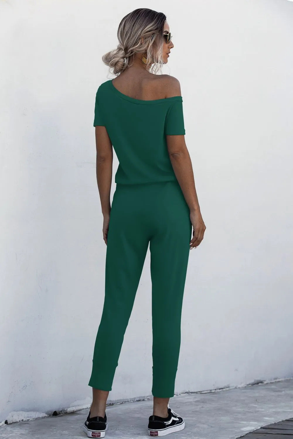 Asymmetrical Neck Tied Capri Jumpsuit with Pockets