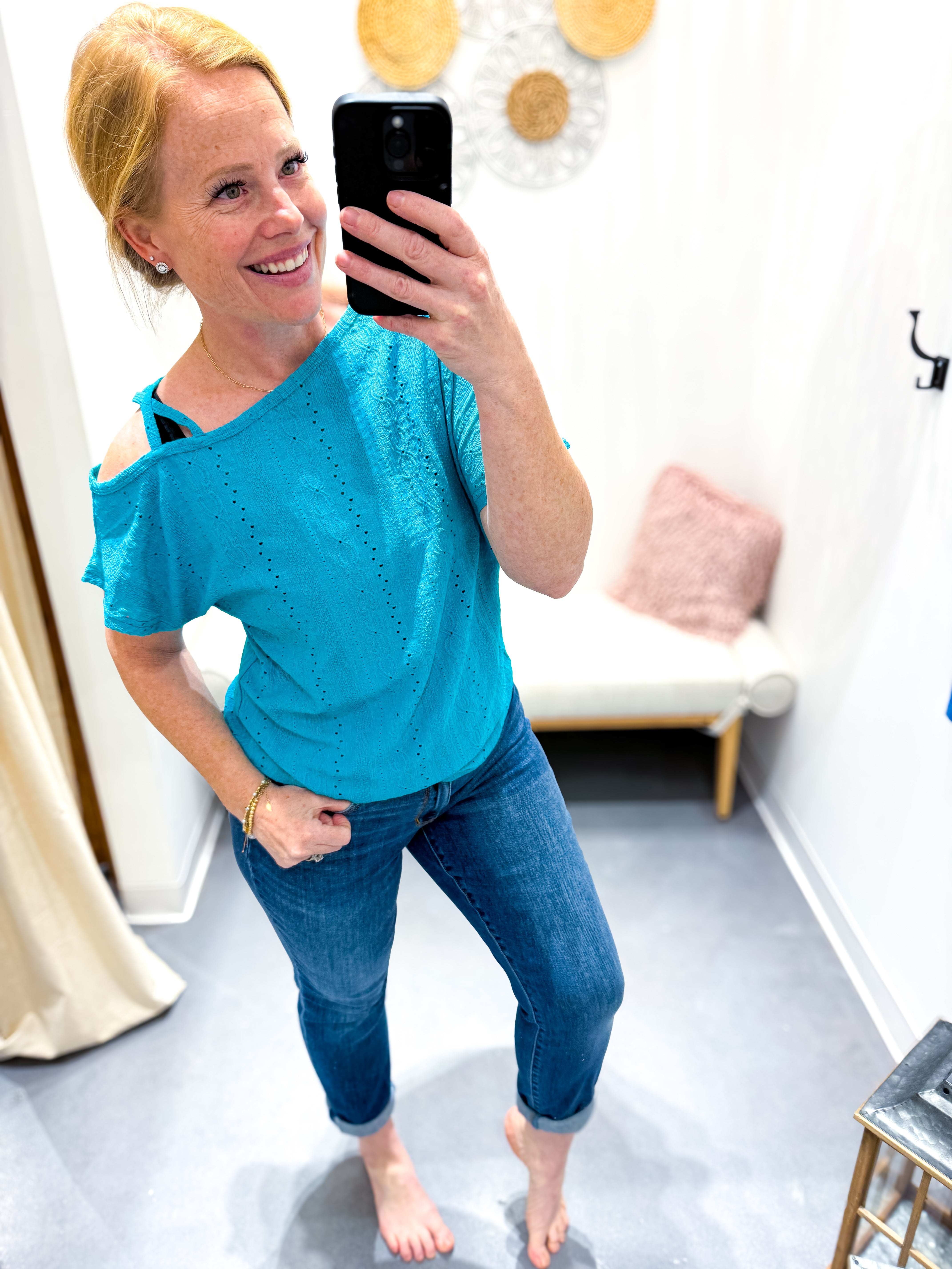 Eyelet Asymmetrical Shoulder Short Sleeve T-Shirt