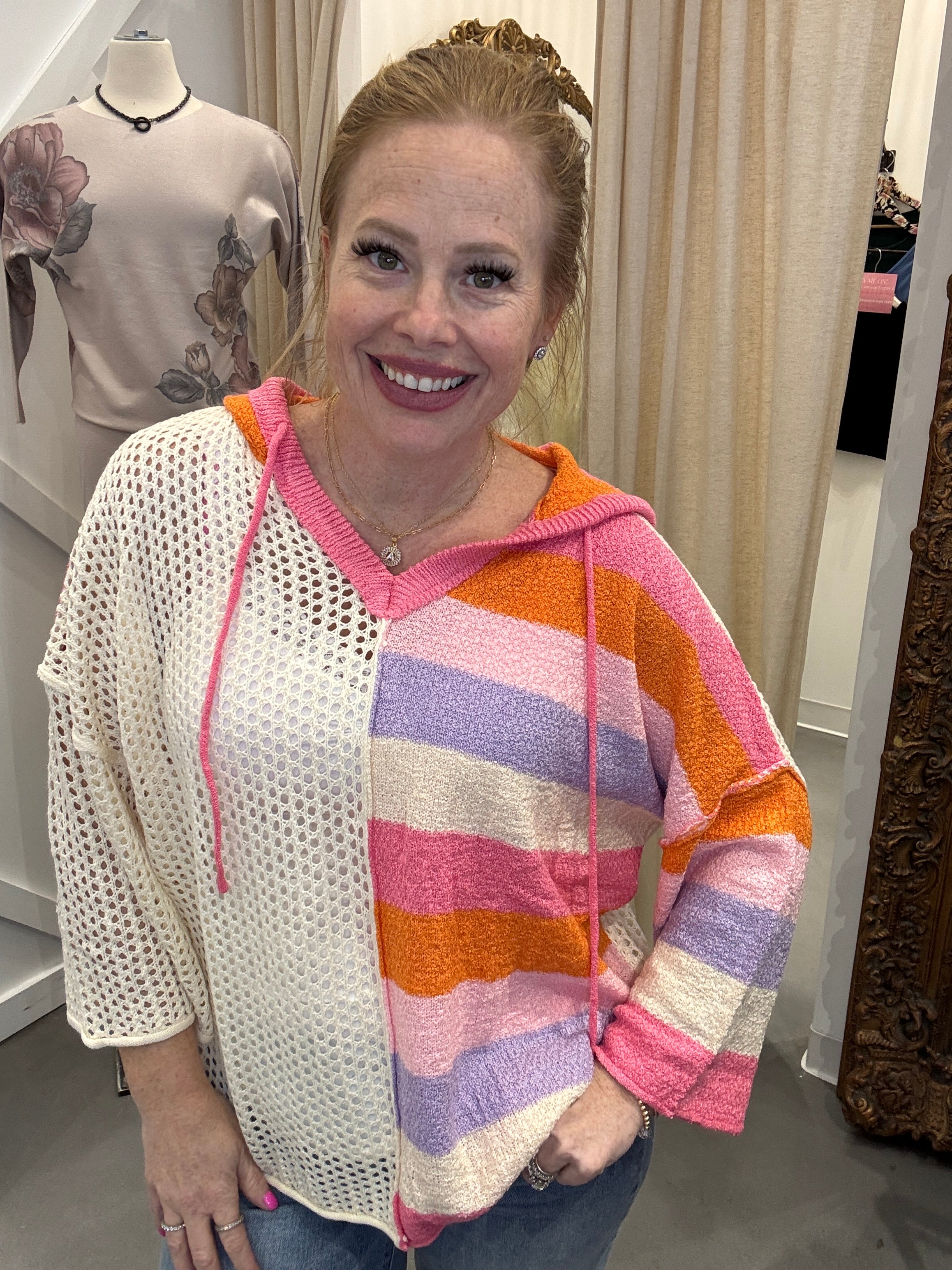 Openwork Color Block Hooded Sweater