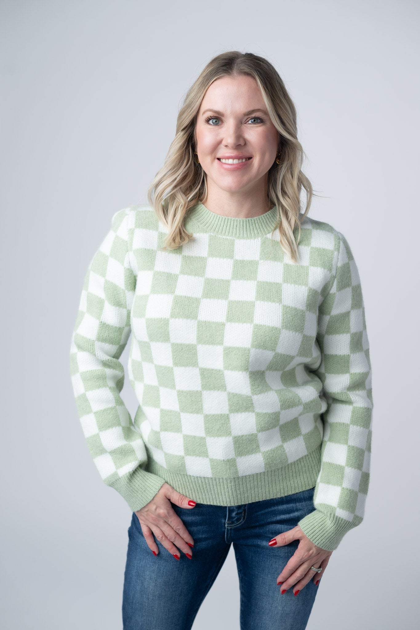 IN STOCK Checkered Sweater - Sage and White