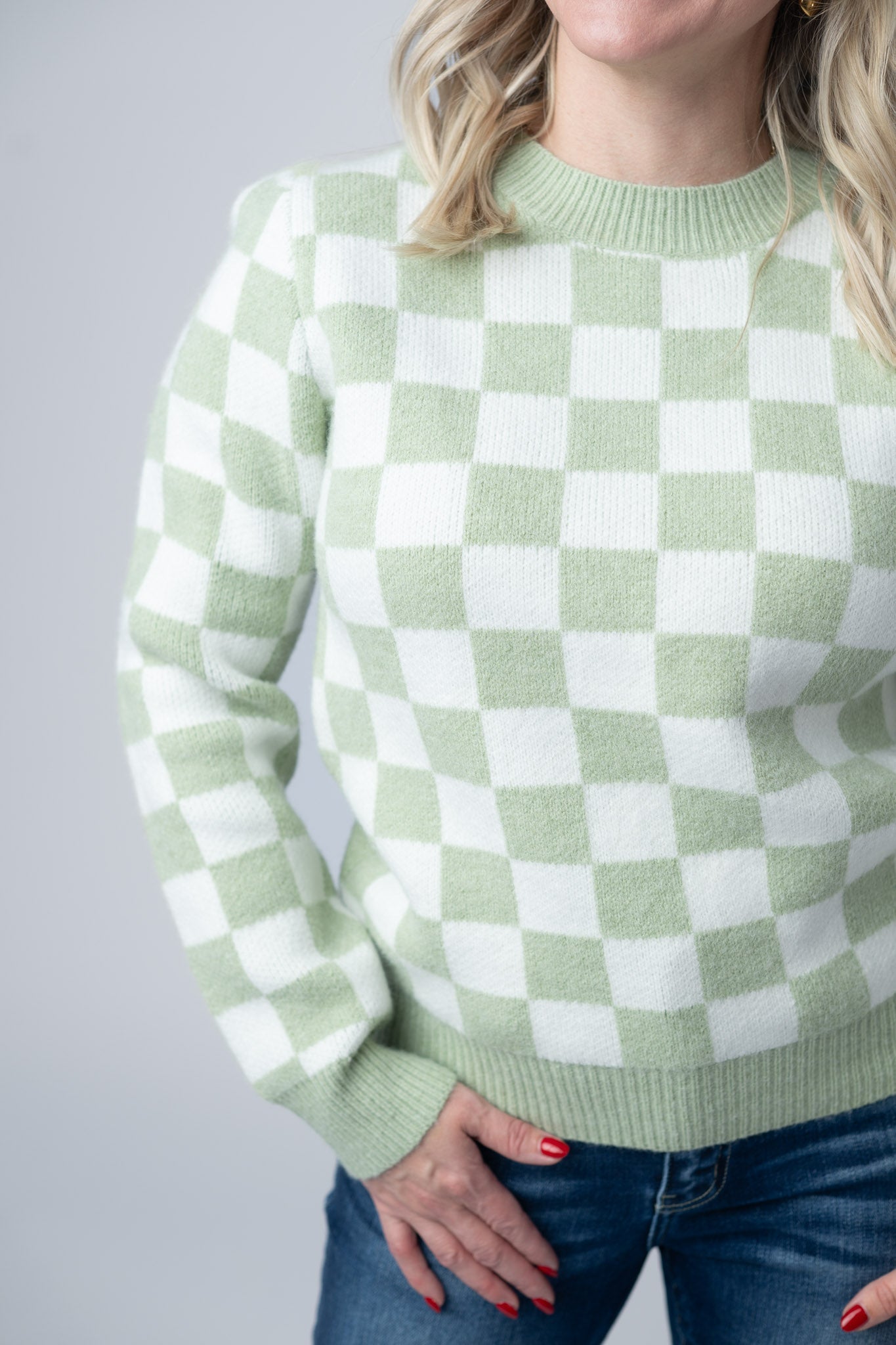 IN STOCK Checkered Sweater - Sage and White