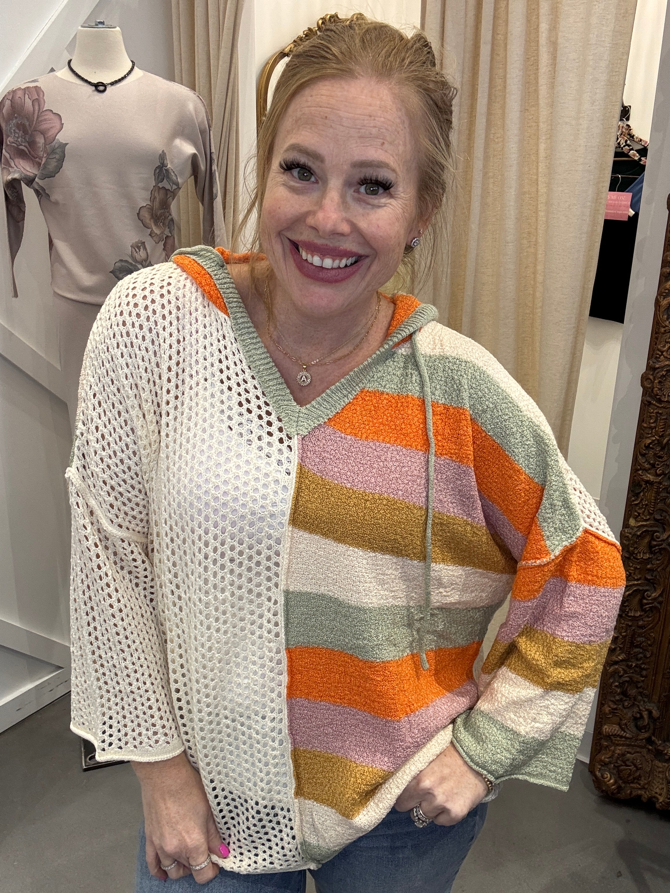 Openwork Color Block Hooded Sweater