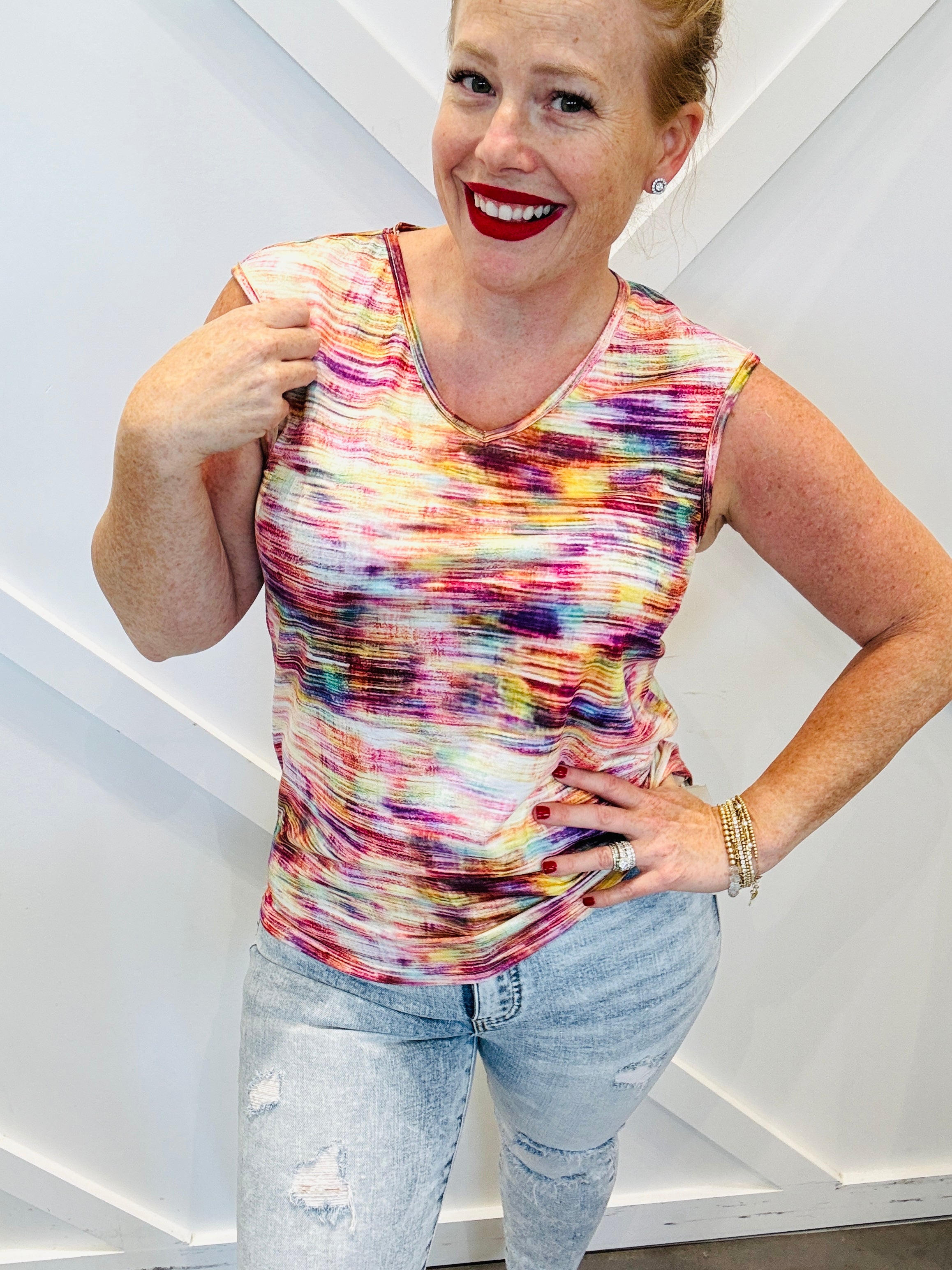 Printed Round Neck Cap Sleeve Top