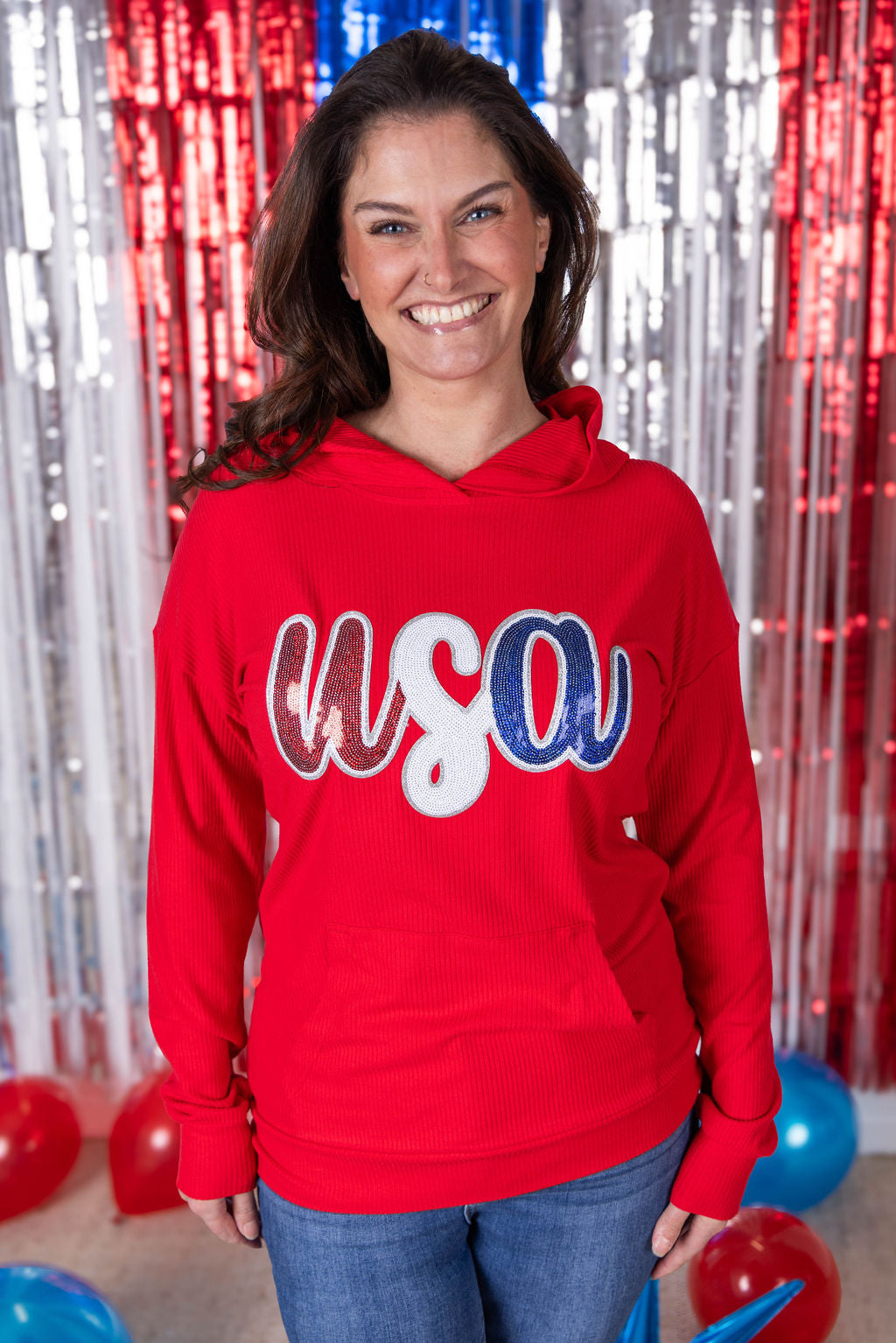 IN STOCK Corrine Hoodie - Red USA Sequin
