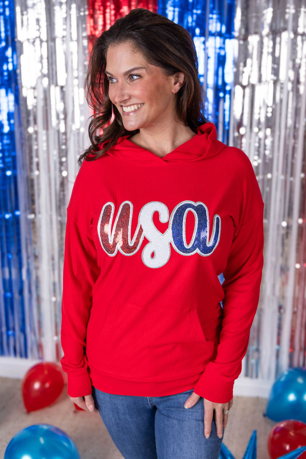 IN STOCK Corrine Hoodie - Red USA Sequin