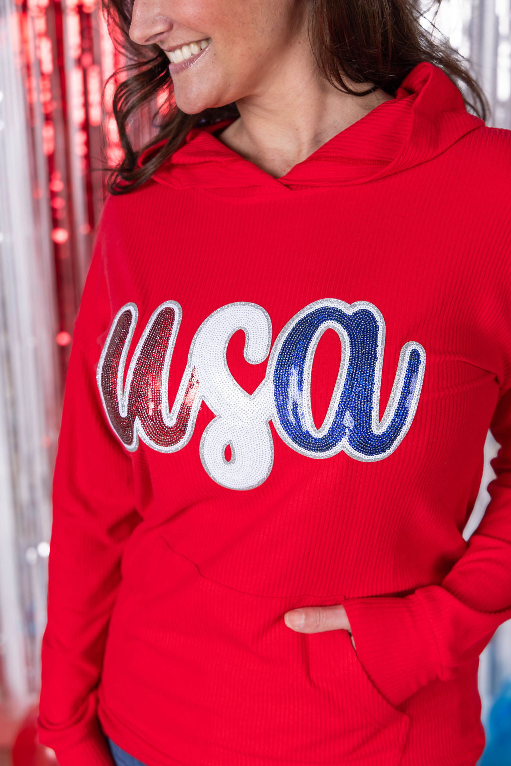 IN STOCK Corrine Hoodie - Red USA Sequin