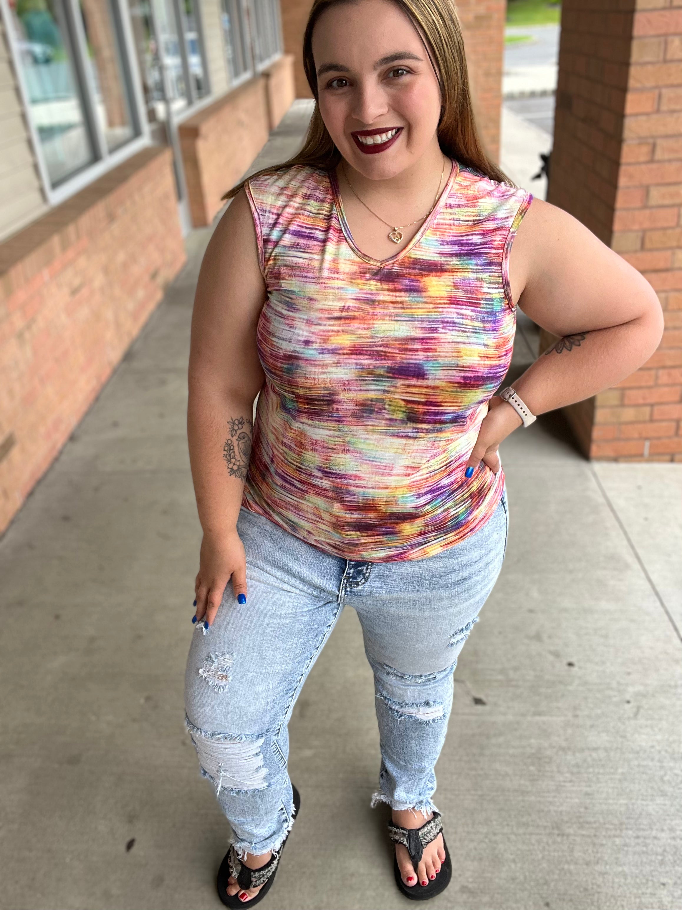 Printed Round Neck Cap Sleeve Top