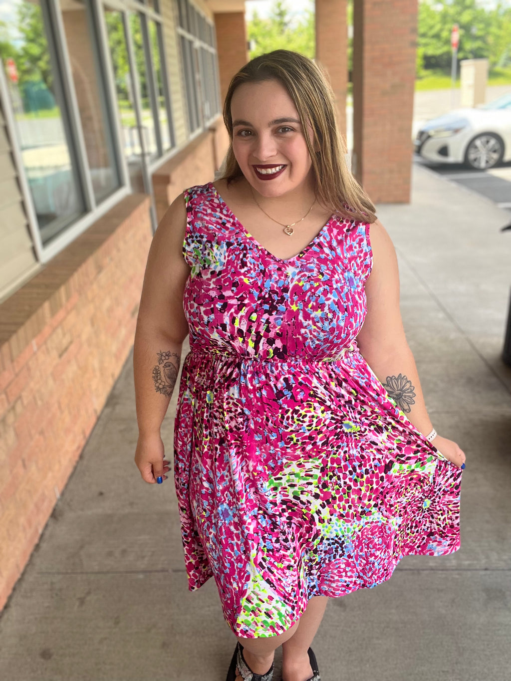 Bless Your Heart V-Neck Dress in Neon Fuchsia