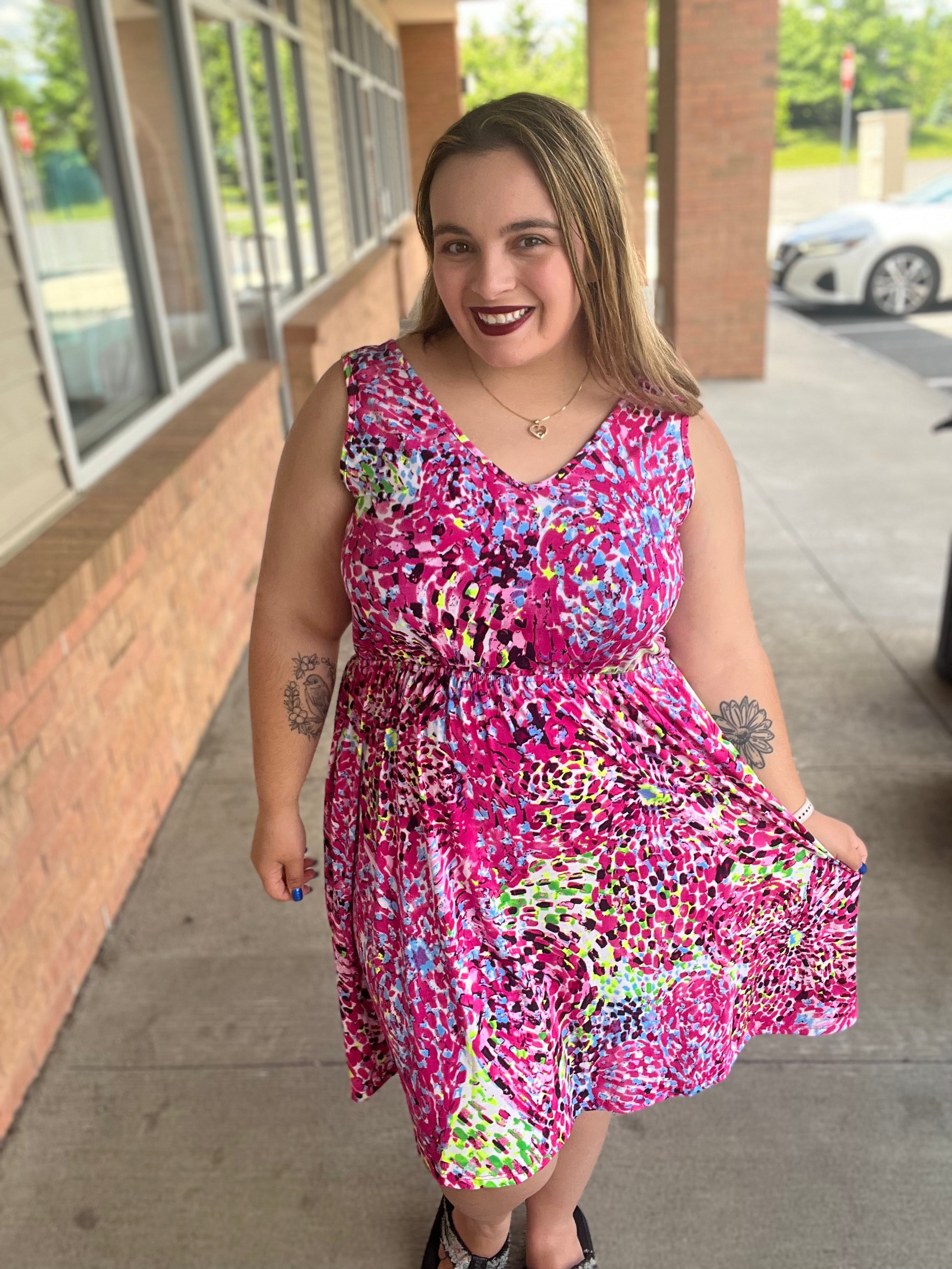 Bless Your Heart V-Neck Dress in Neon Fuchsia