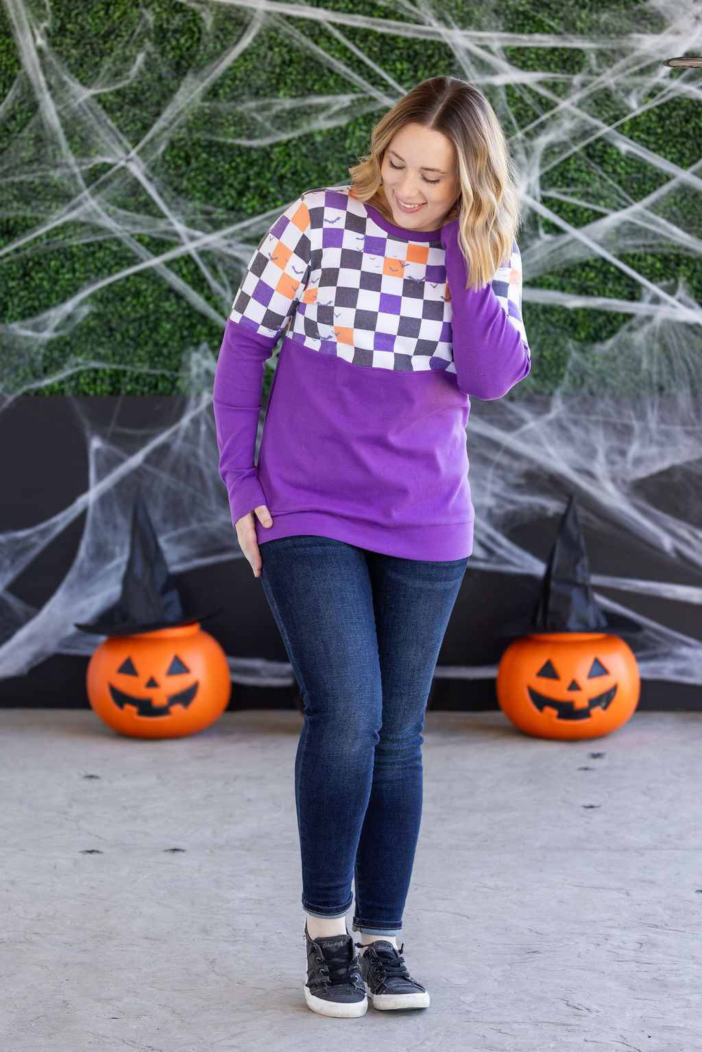 IN STOCK Natalie Pullover - Checkered Bats and Purple