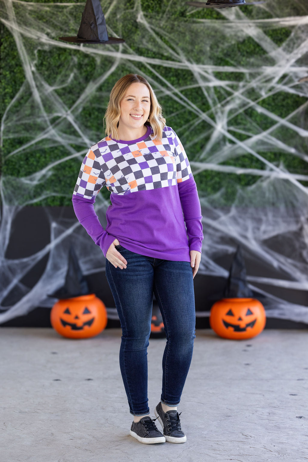 IN STOCK Natalie Pullover - Checkered Bats and Purple