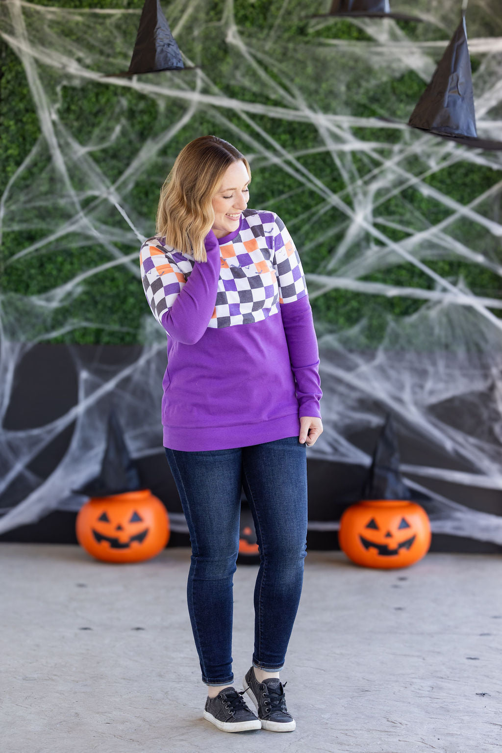 IN STOCK Natalie Pullover - Checkered Bats and Purple
