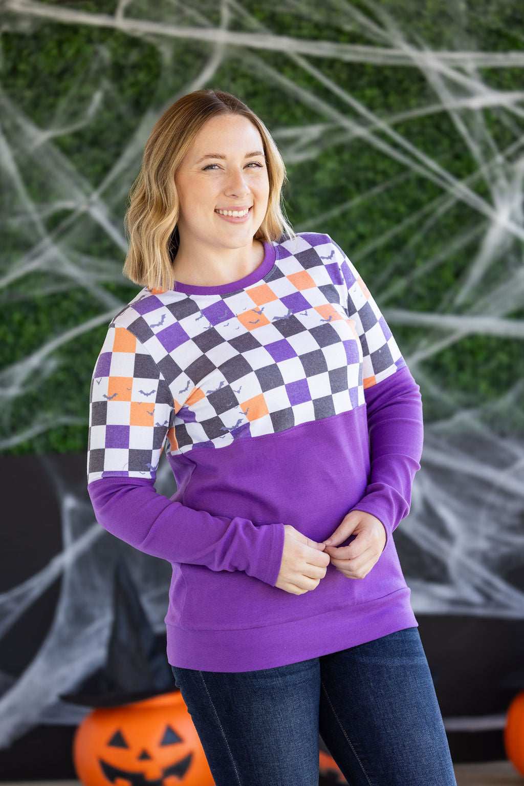 IN STOCK Natalie Pullover - Checkered Bats and Purple