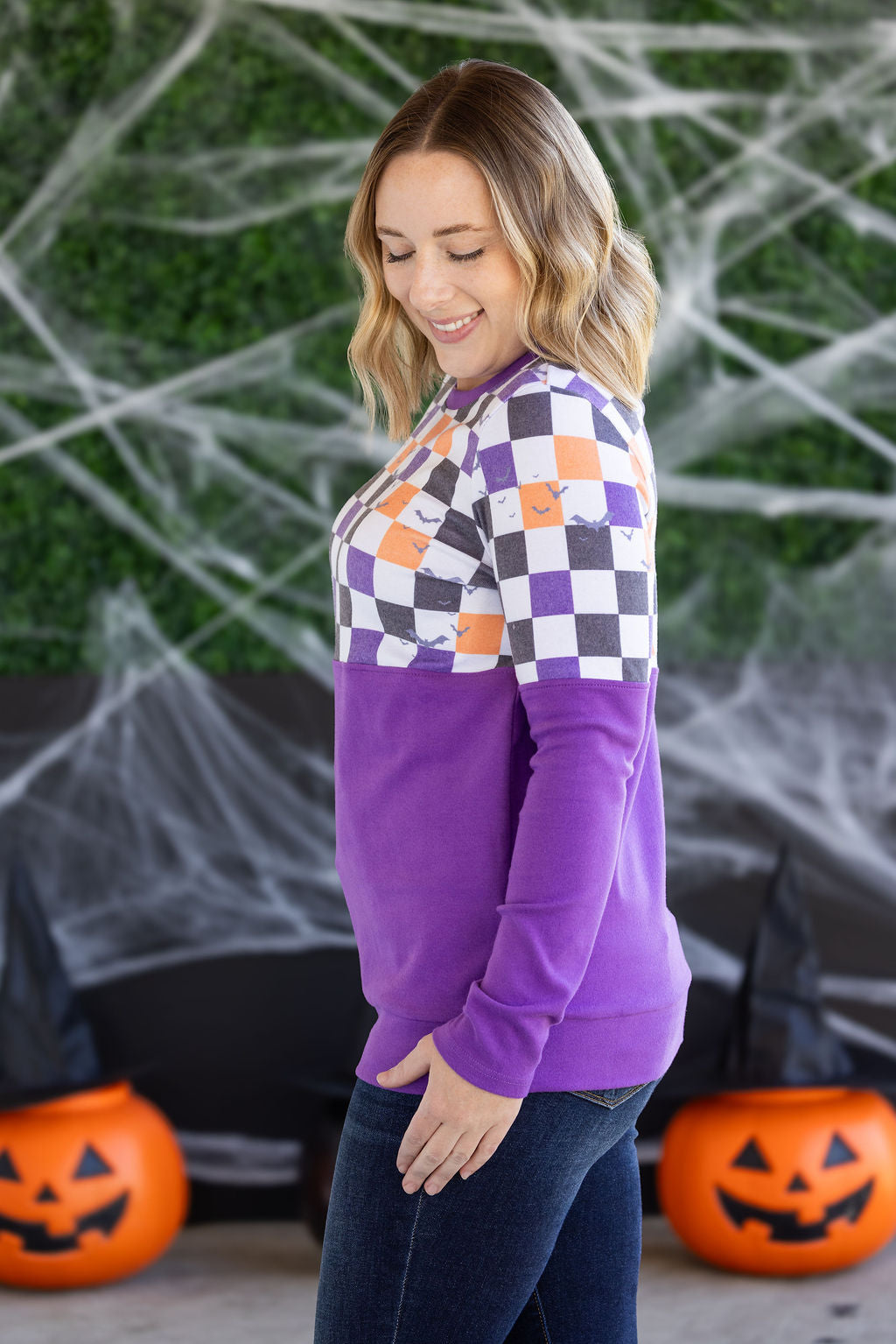 IN STOCK Natalie Pullover - Checkered Bats and Purple