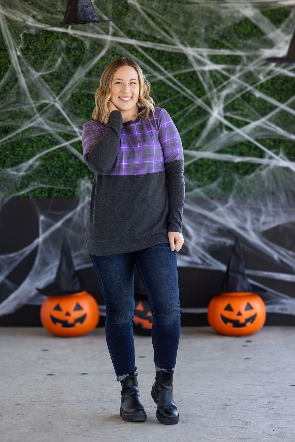IN STOCK Natalie Pullover - Purple Plaid and Charcoal