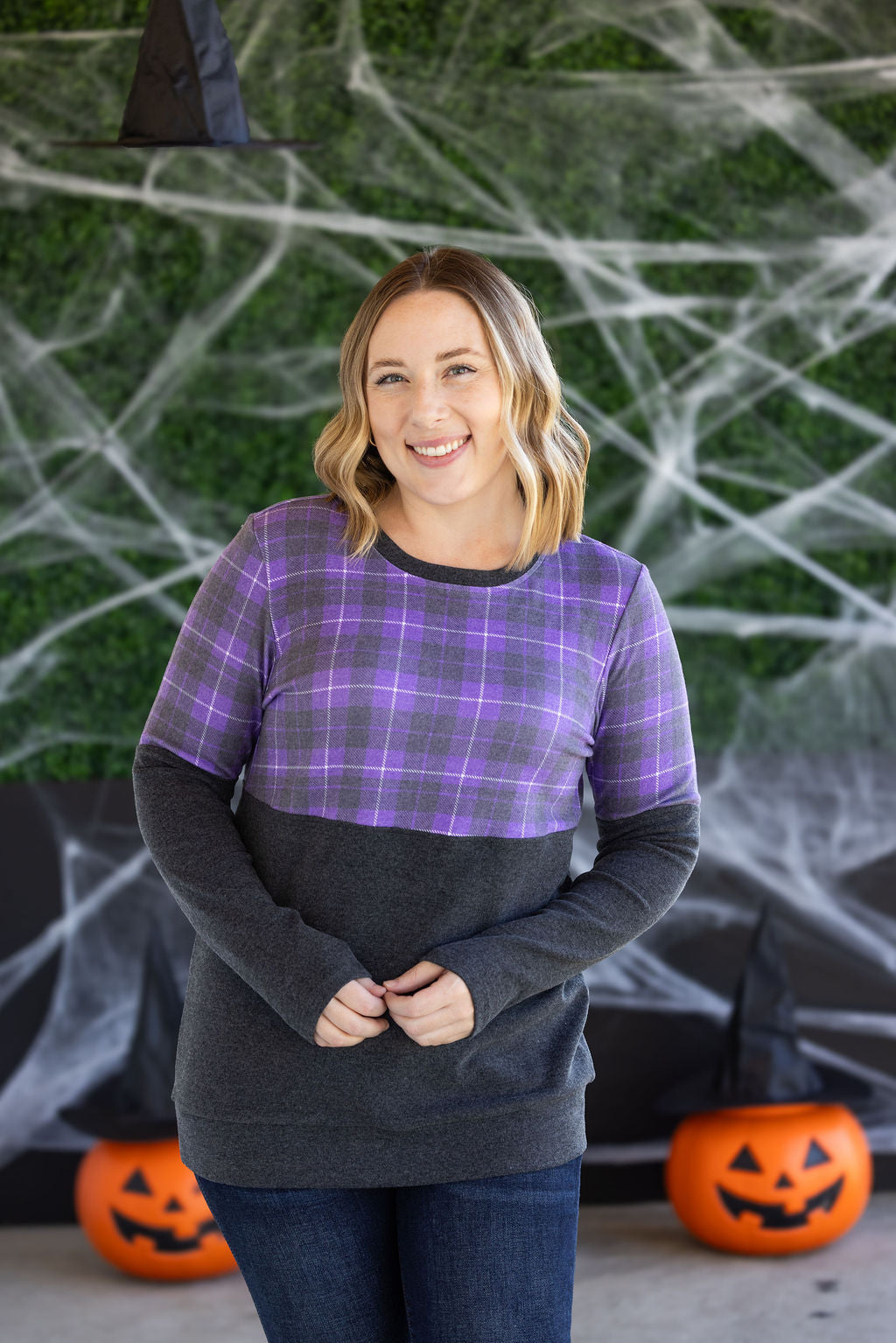 IN STOCK Natalie Pullover - Purple Plaid and Charcoal