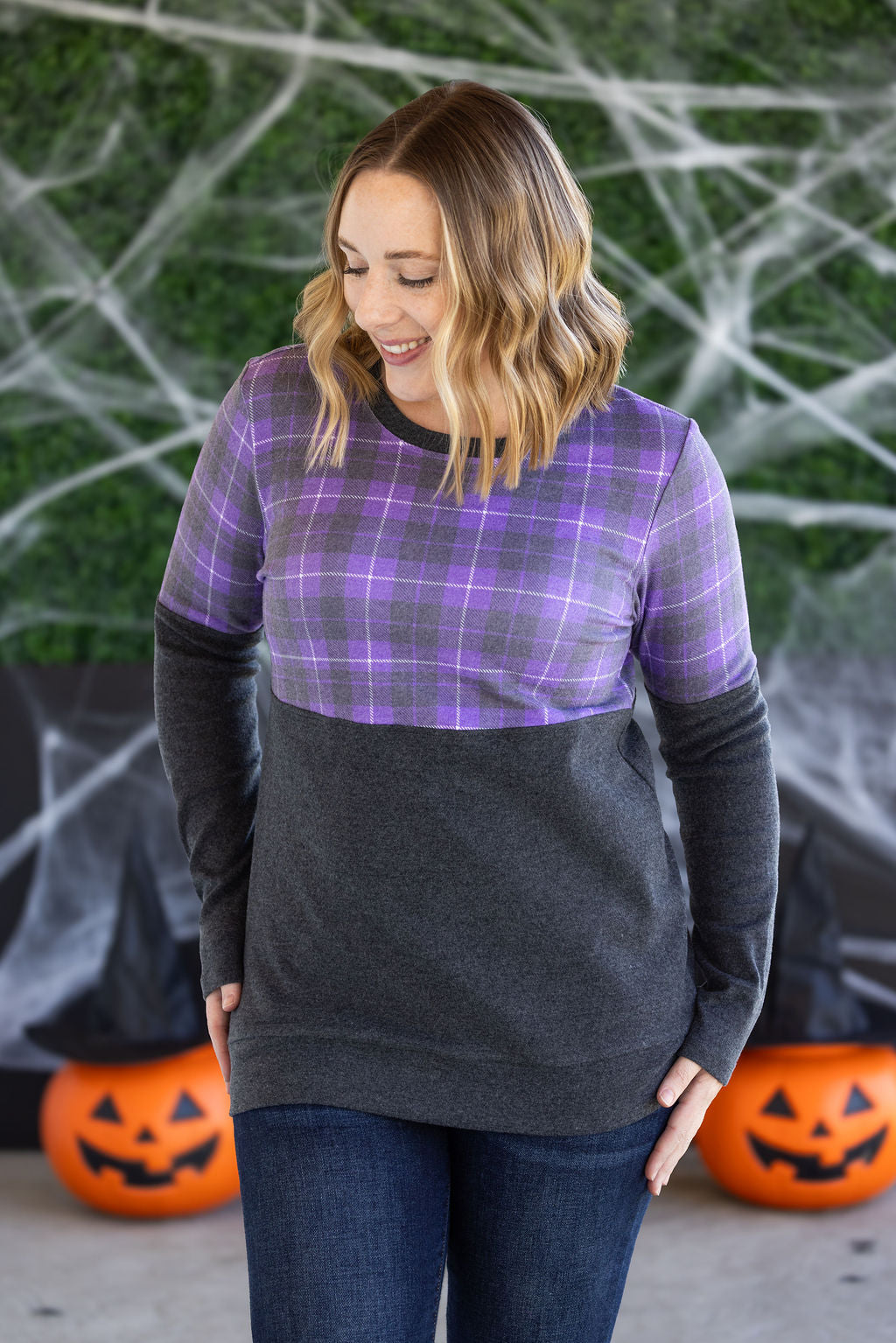 IN STOCK Natalie Pullover - Purple Plaid and Charcoal