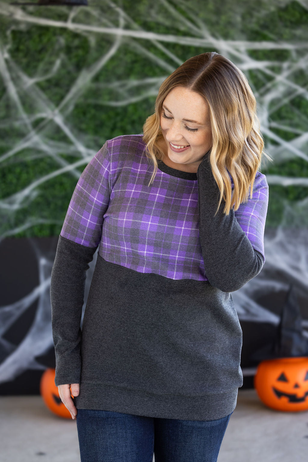 IN STOCK Natalie Pullover - Purple Plaid and Charcoal