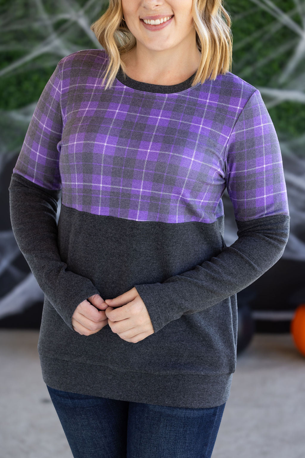 IN STOCK Natalie Pullover - Purple Plaid and Charcoal