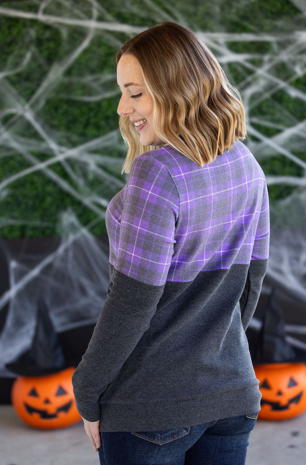 IN STOCK Natalie Pullover - Purple Plaid and Charcoal