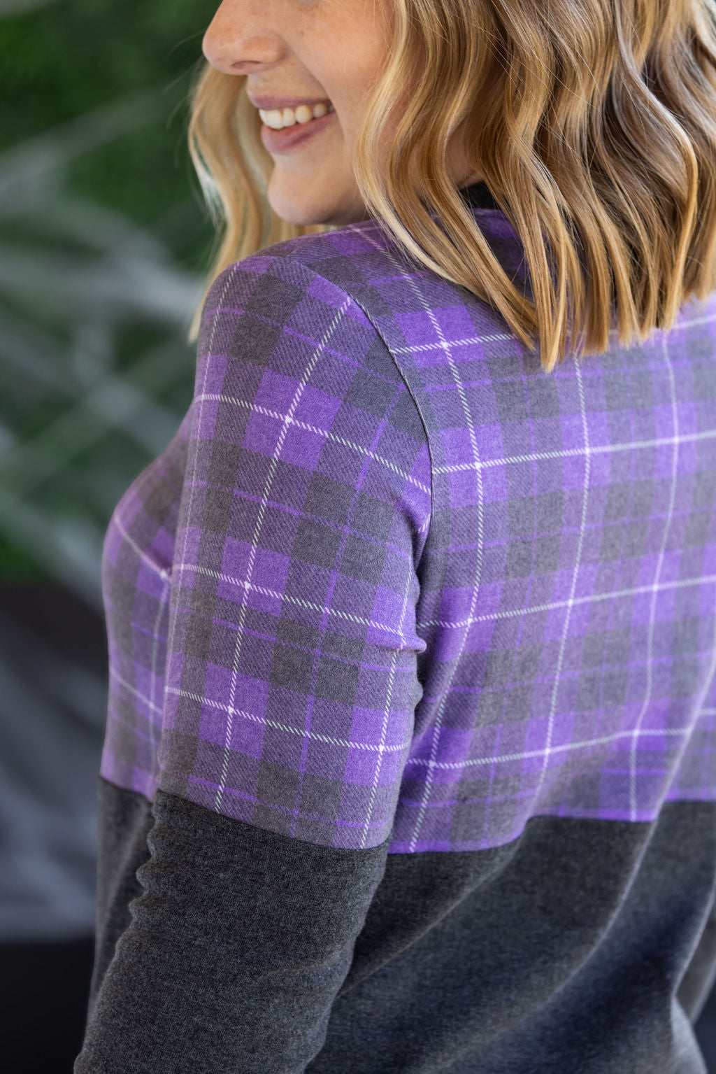 IN STOCK Natalie Pullover - Purple Plaid and Charcoal