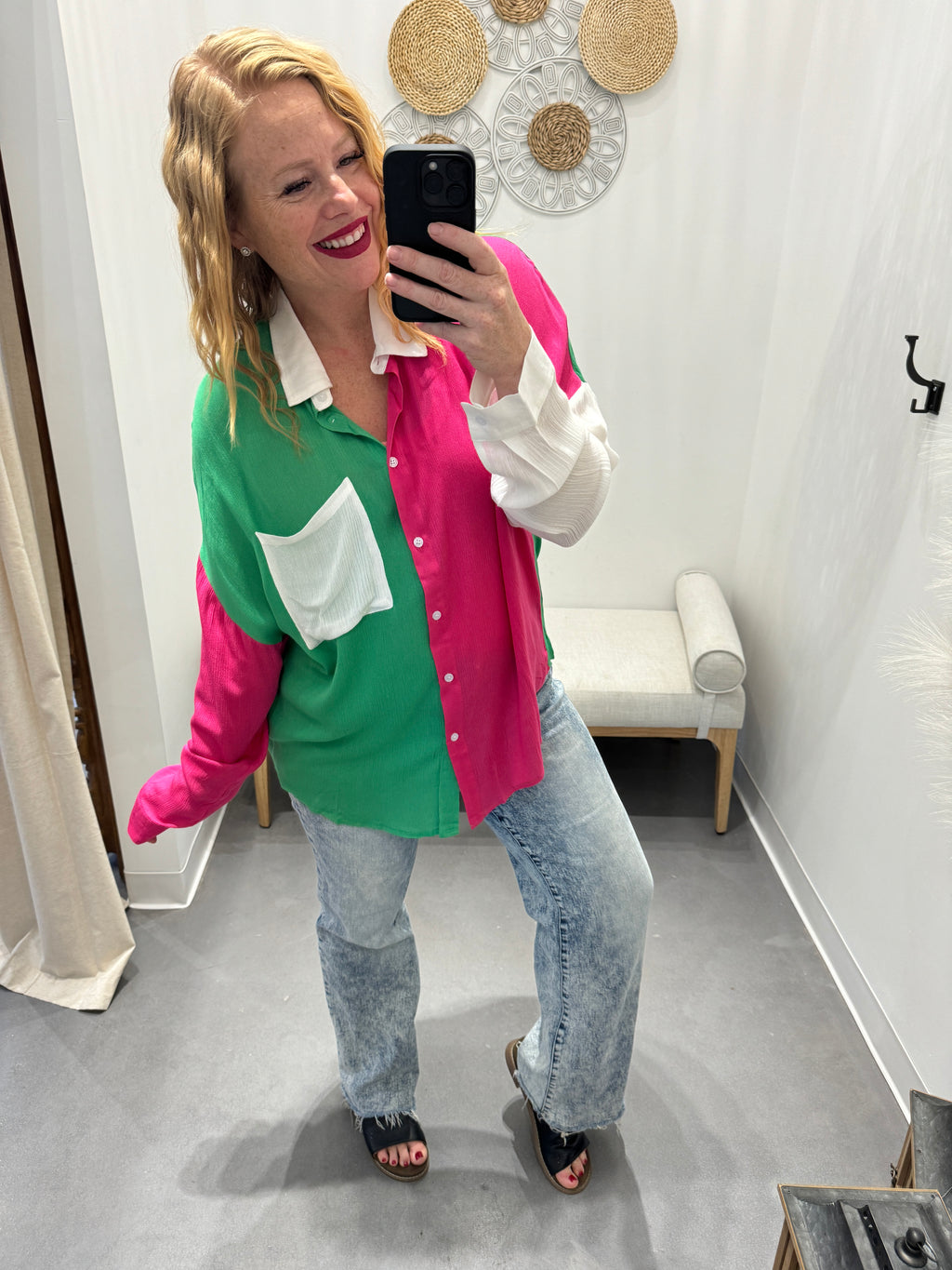 Capture the Day Two Toned Button Up Kelly