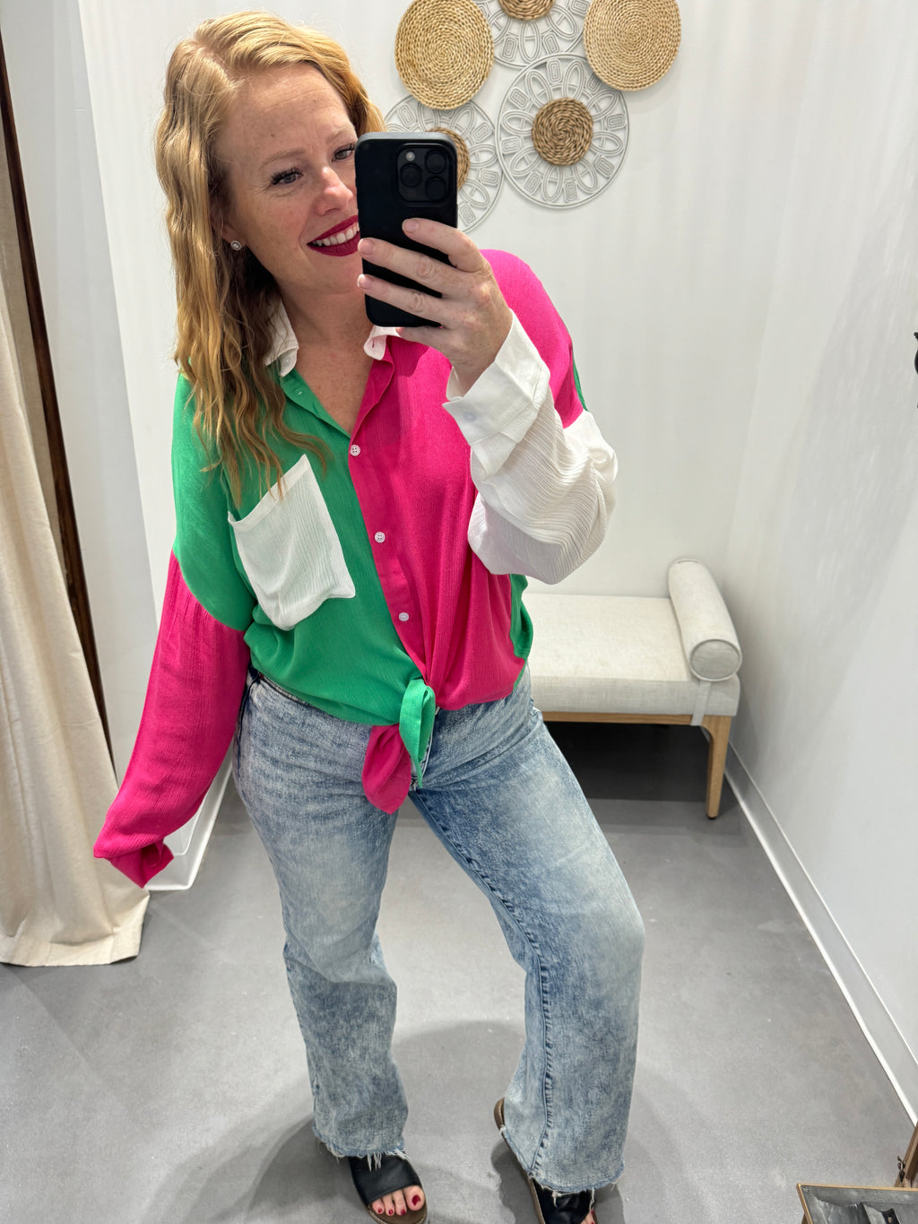 Capture the Day Two Toned Button Up Kelly