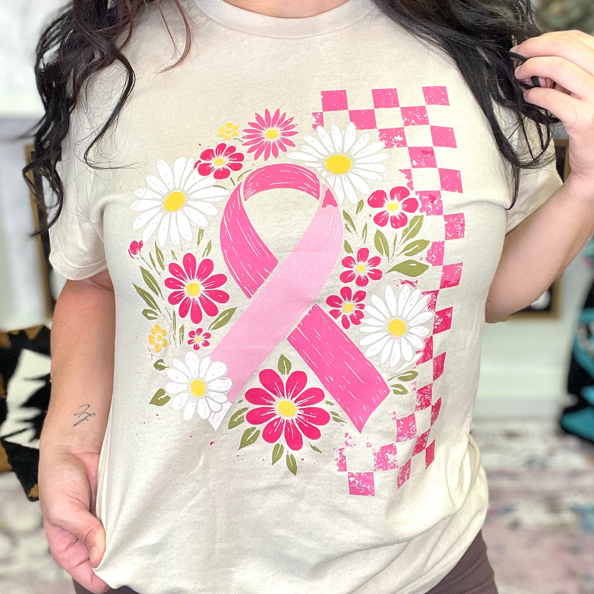 Floral Breast Cancer Ribbon Graphic Tee