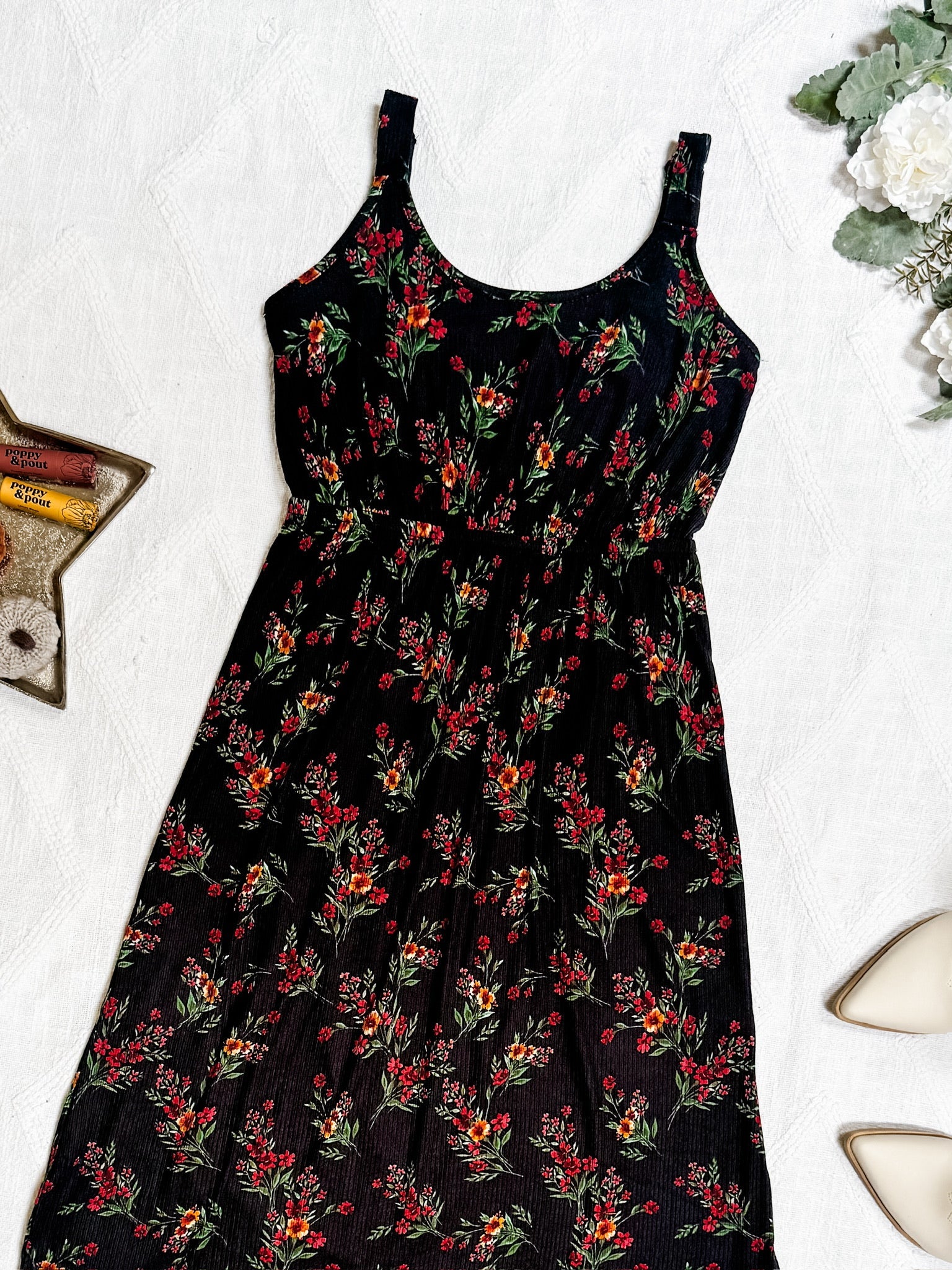 IN STOCK Reagan Ribbed Midi Dress - Black Floral FINAL SALE