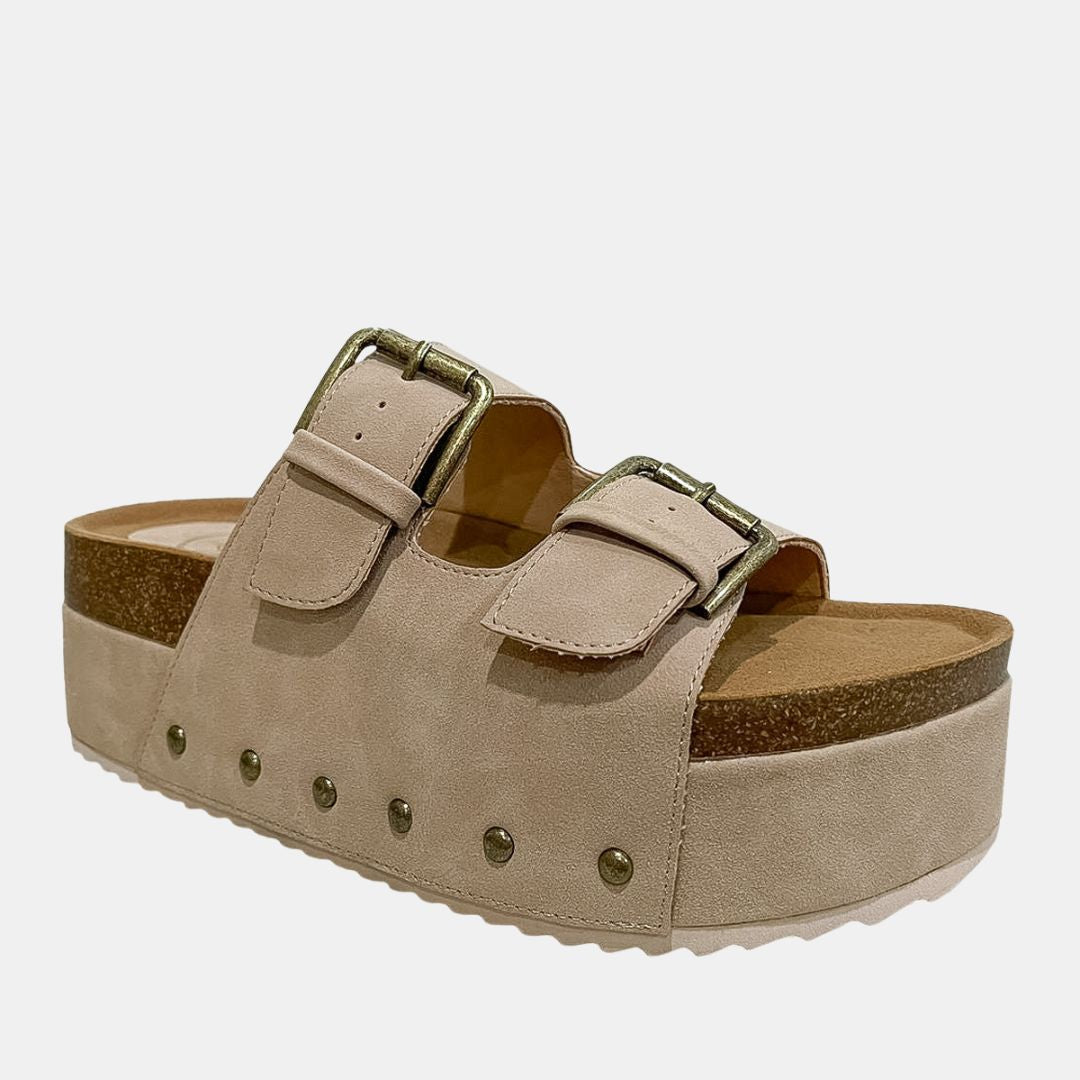 Nina 1 Double Buckle Flatform – Studded Slide Sandal with Cork Midsole