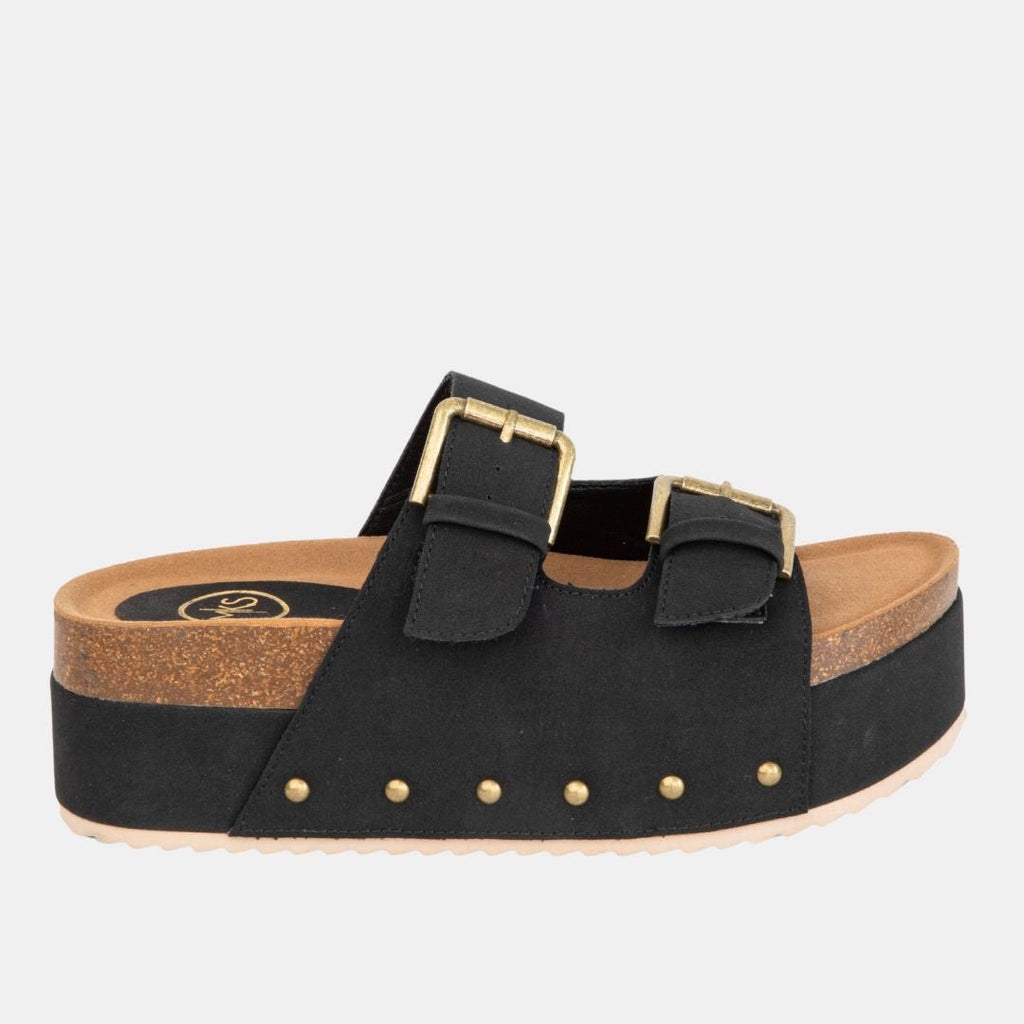 Nina 1 Double Buckle Flatform – Studded Slide Sandal with Cork Midsole
