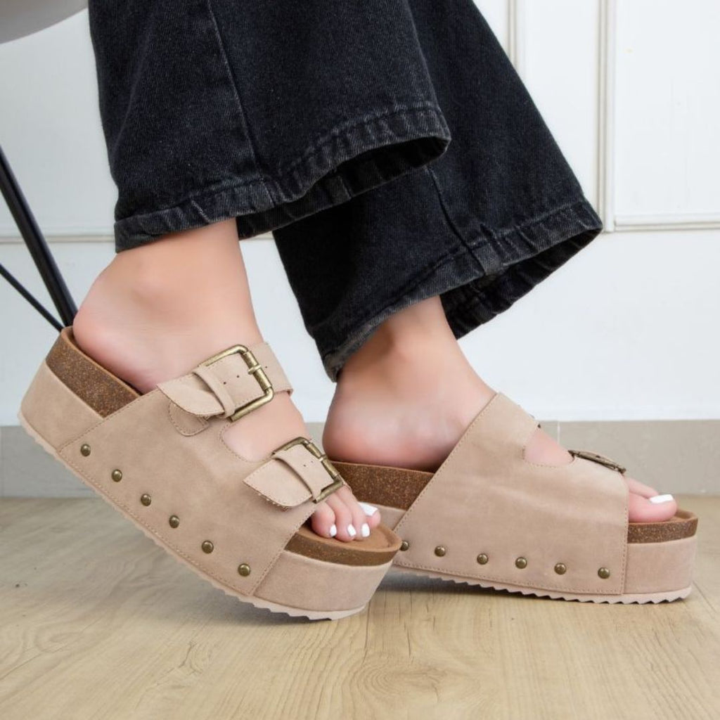 Nina 1 Double Buckle Flatform – Studded Slide Sandal with Cork Midsole