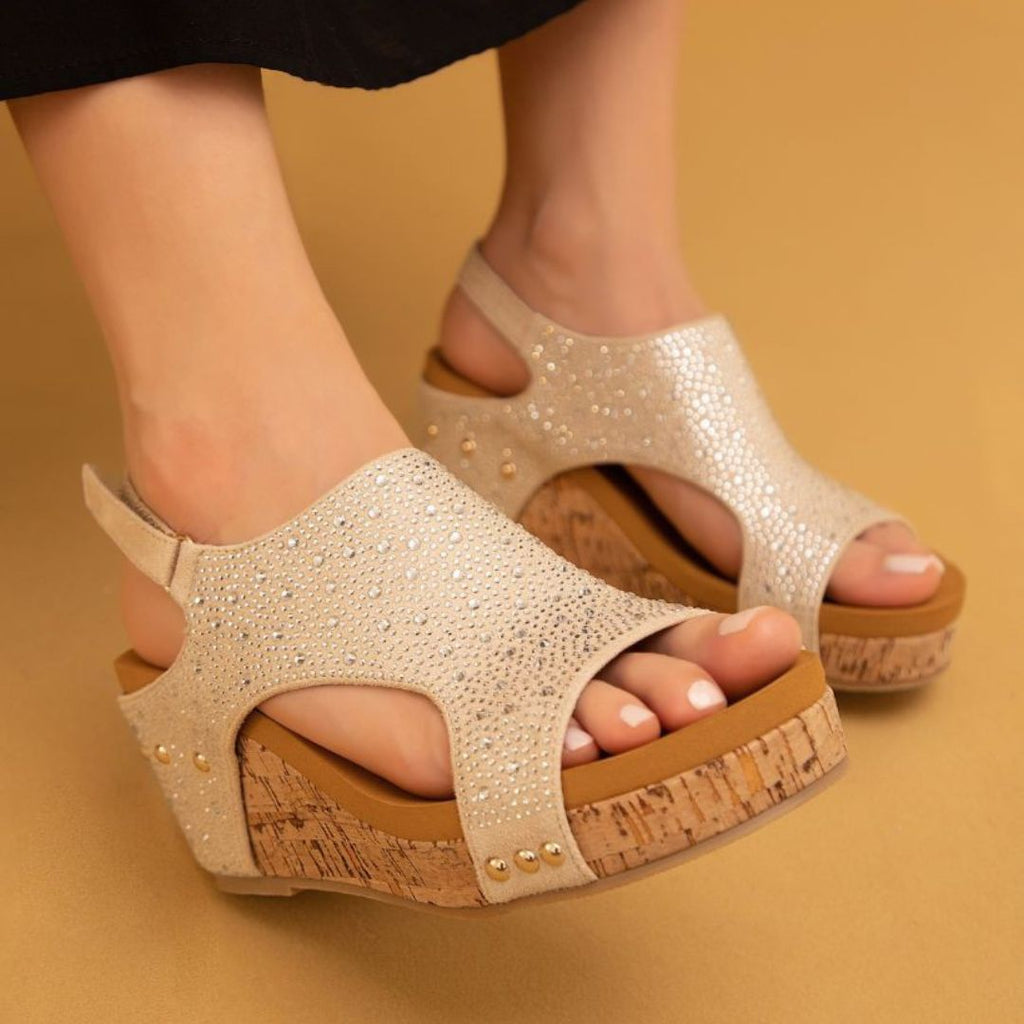 Barbara Crystal Slingback Wedge – Rhinestone Cork Platform in 3 Colors