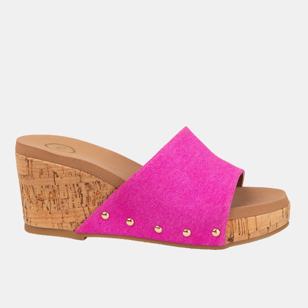 Blair Slide Wedge – Colorful Denim Crisscross Sandal with Cork Heel