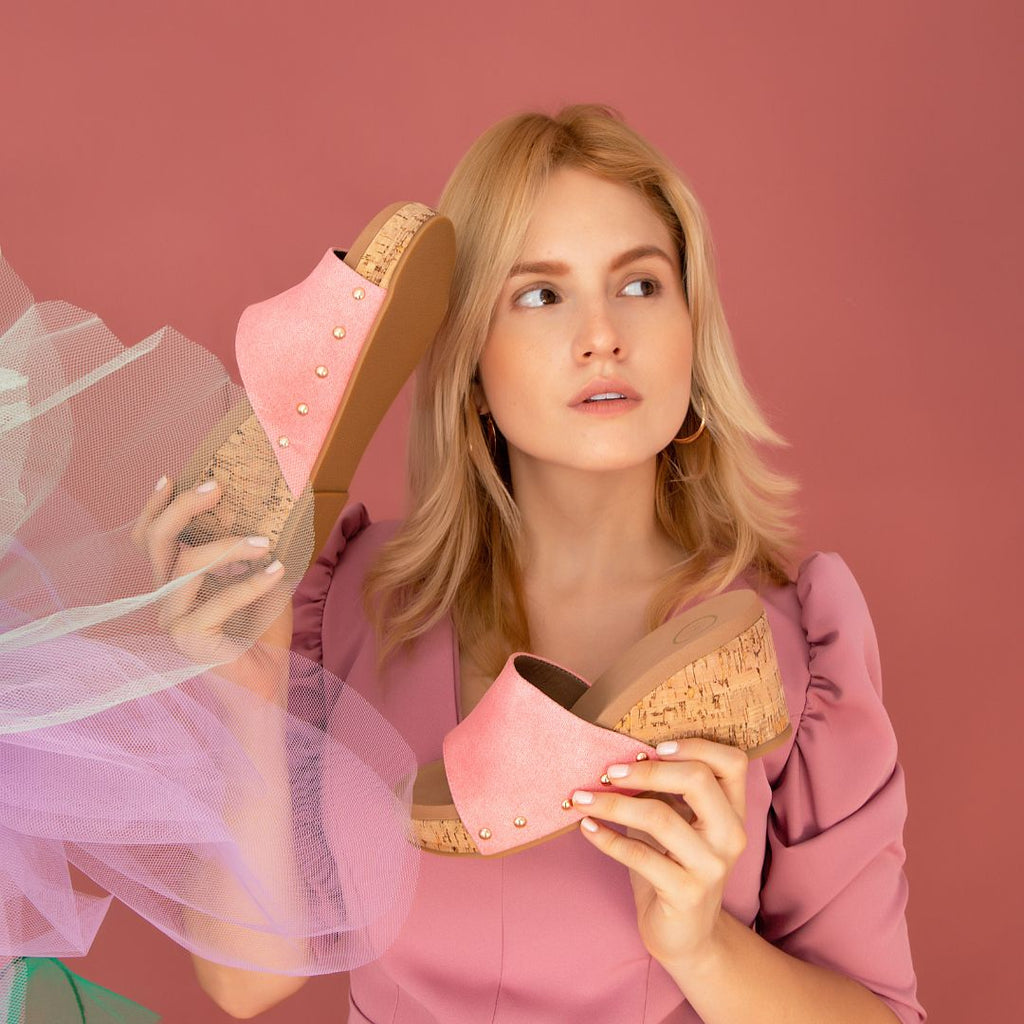 Blair Slide Wedge – Colorful Denim Crisscross Sandal with Cork Heel