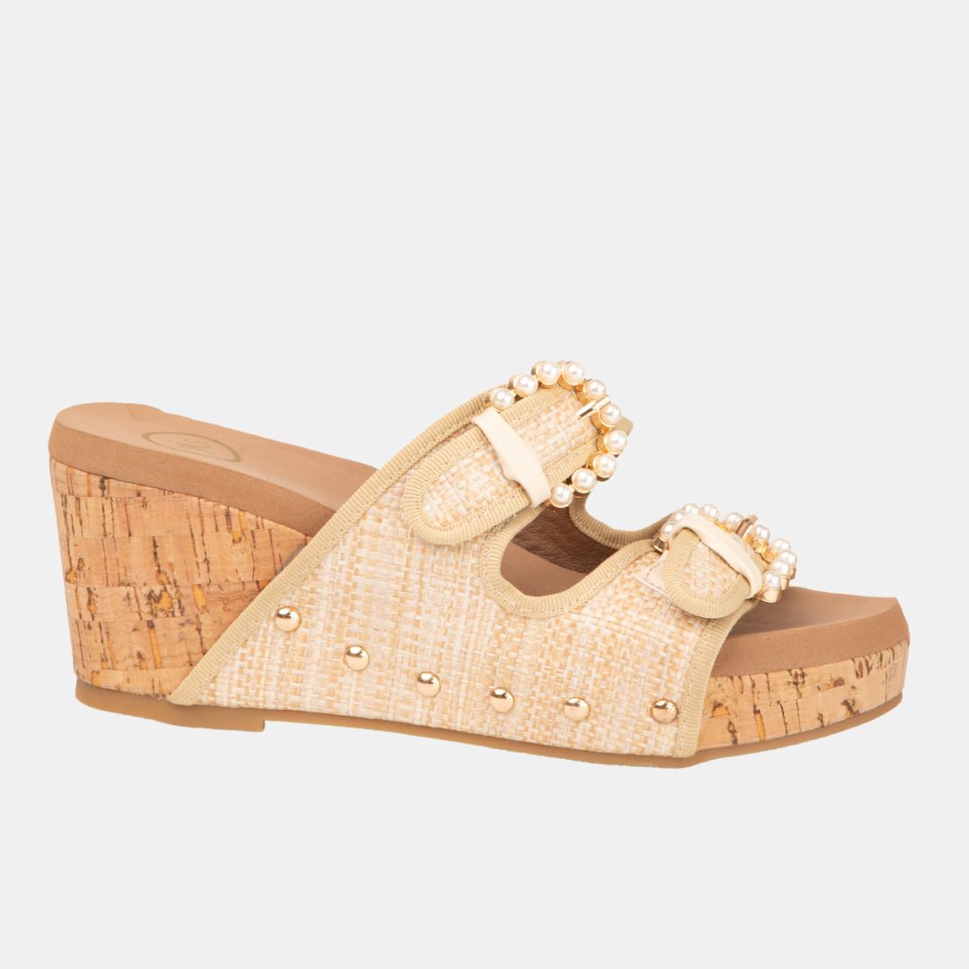 Brianna Pearl Buckle Wedge – Embellished Slide with Cork Heel in 3 Colors