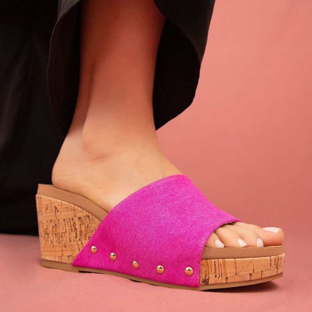 Blair Slide Wedge – Colorful Denim Crisscross Sandal with Cork Heel