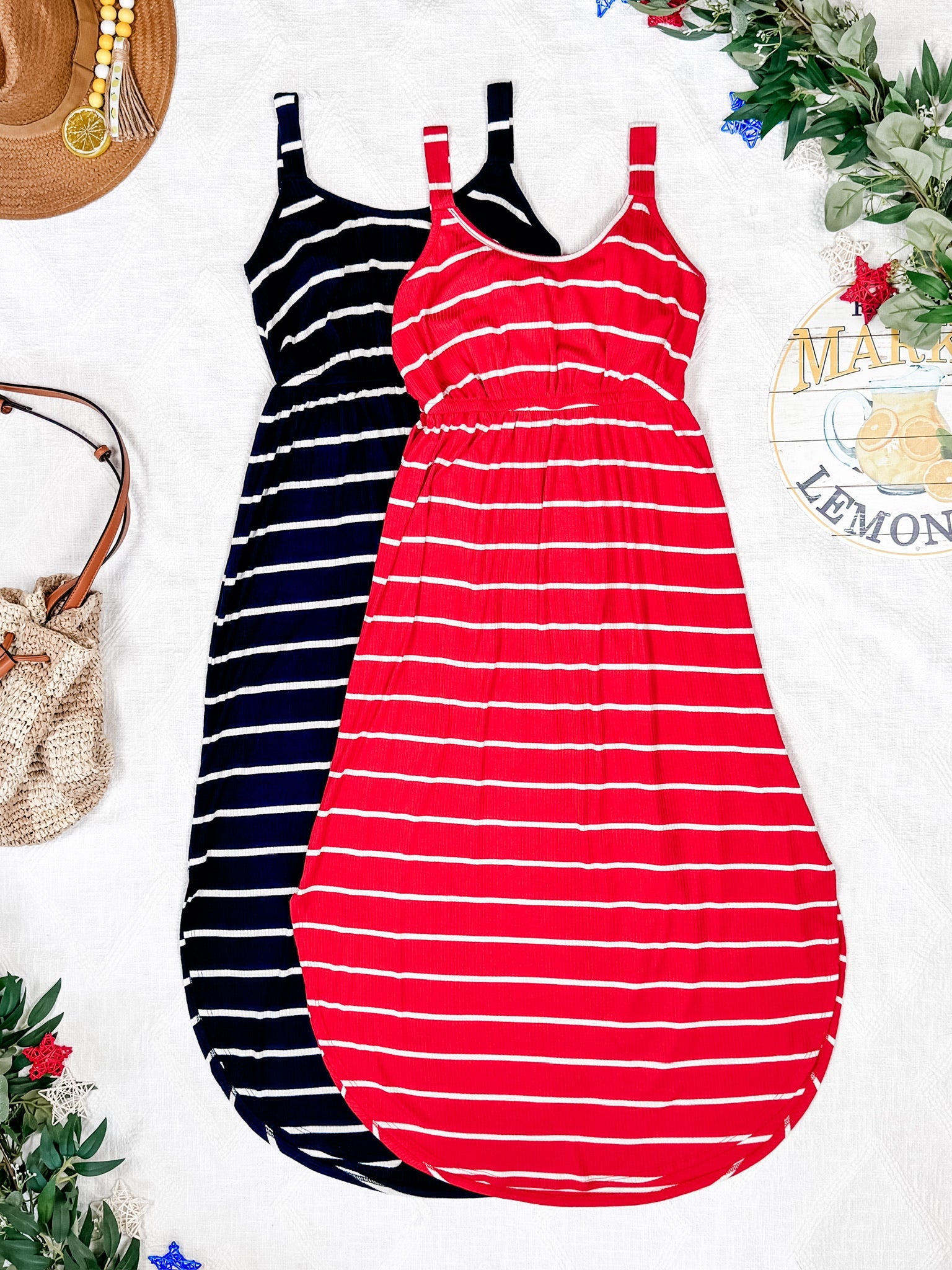 IN STOCK Reagan Ribbed Midi Dress - Midnight Navy Stripes