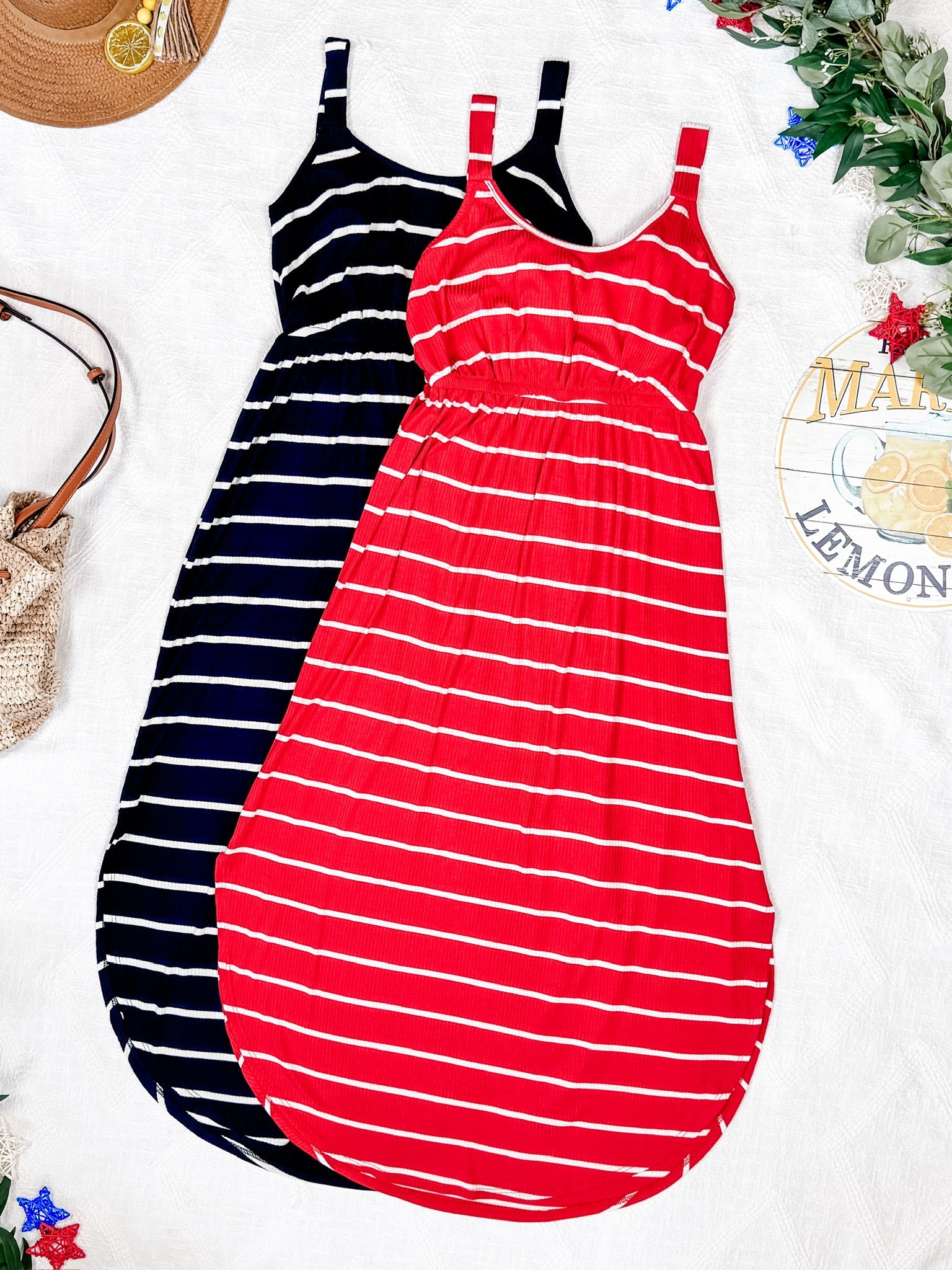 IN STOCK Reagan Ribbed Midi Dress - Midnight Navy Stripes