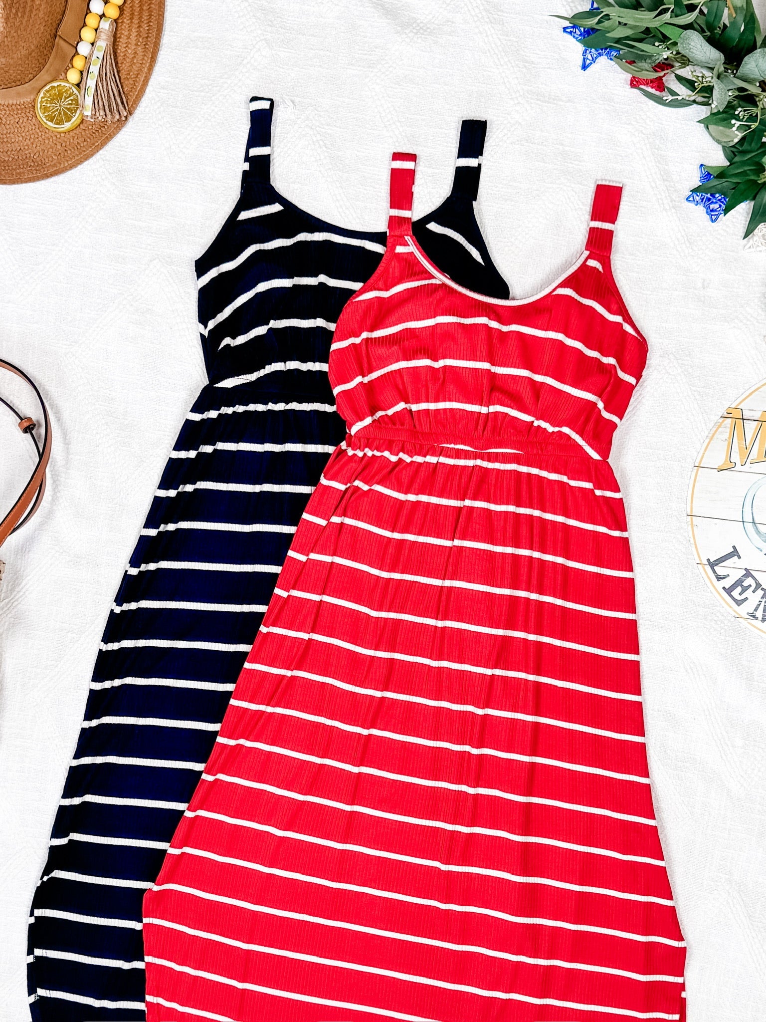 IN STOCK Reagan Ribbed Midi Dress - Red Stripes