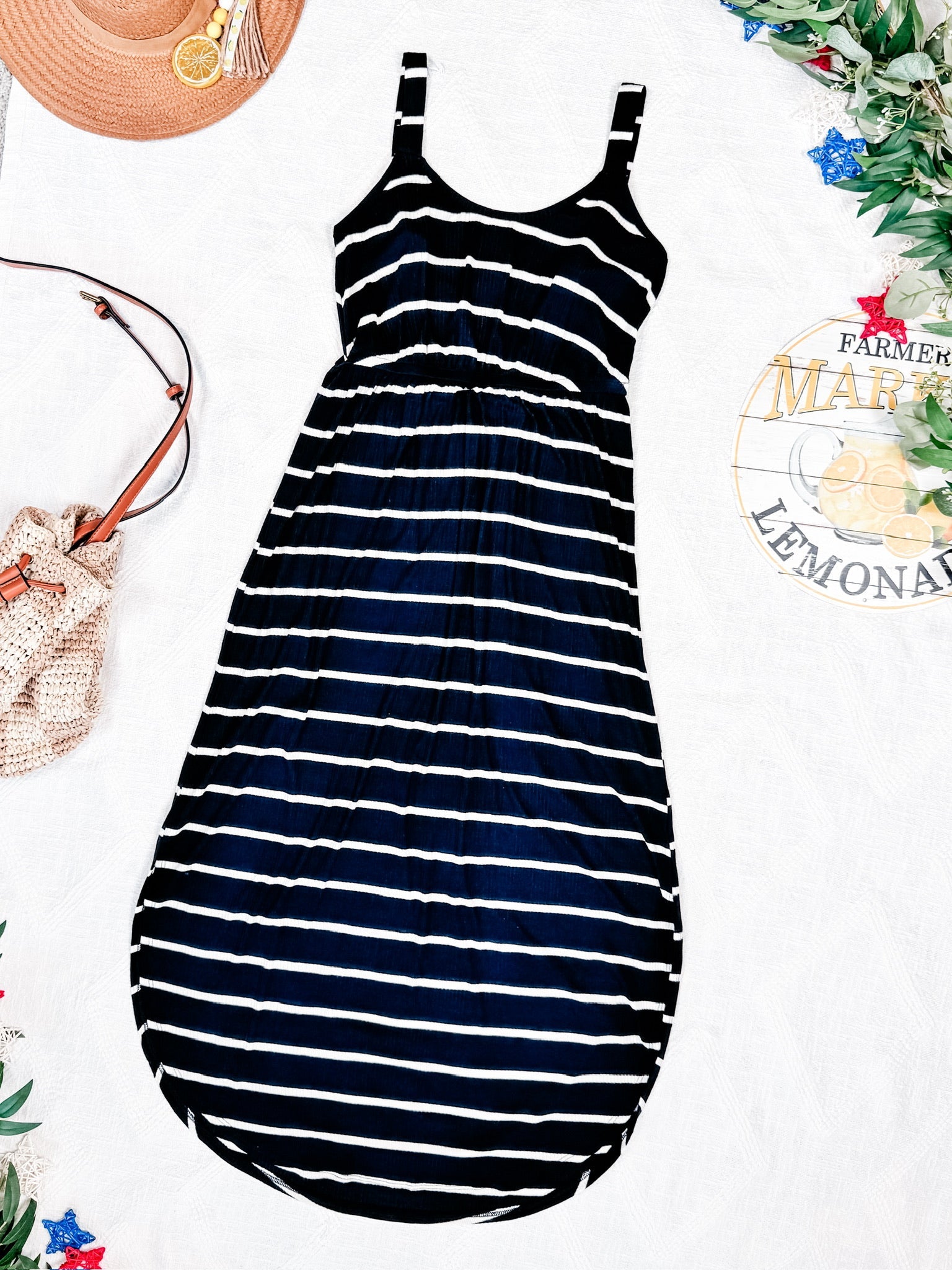 IN STOCK Reagan Ribbed Midi Dress - Midnight Navy Stripes