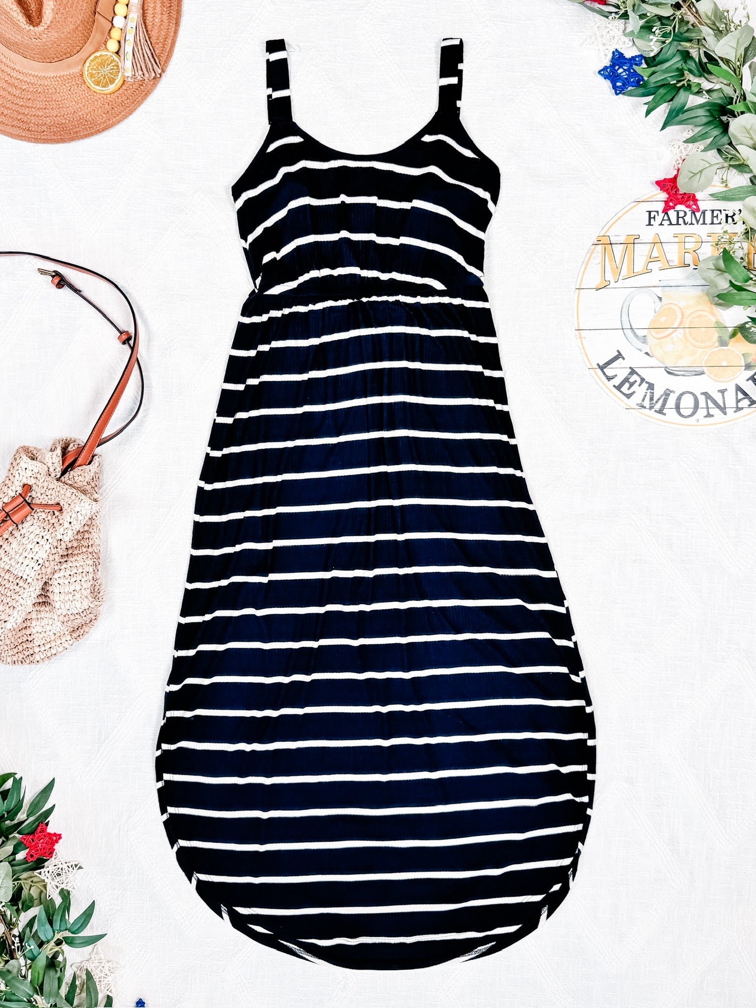 IN STOCK Reagan Ribbed Midi Dress - Midnight Navy Stripes