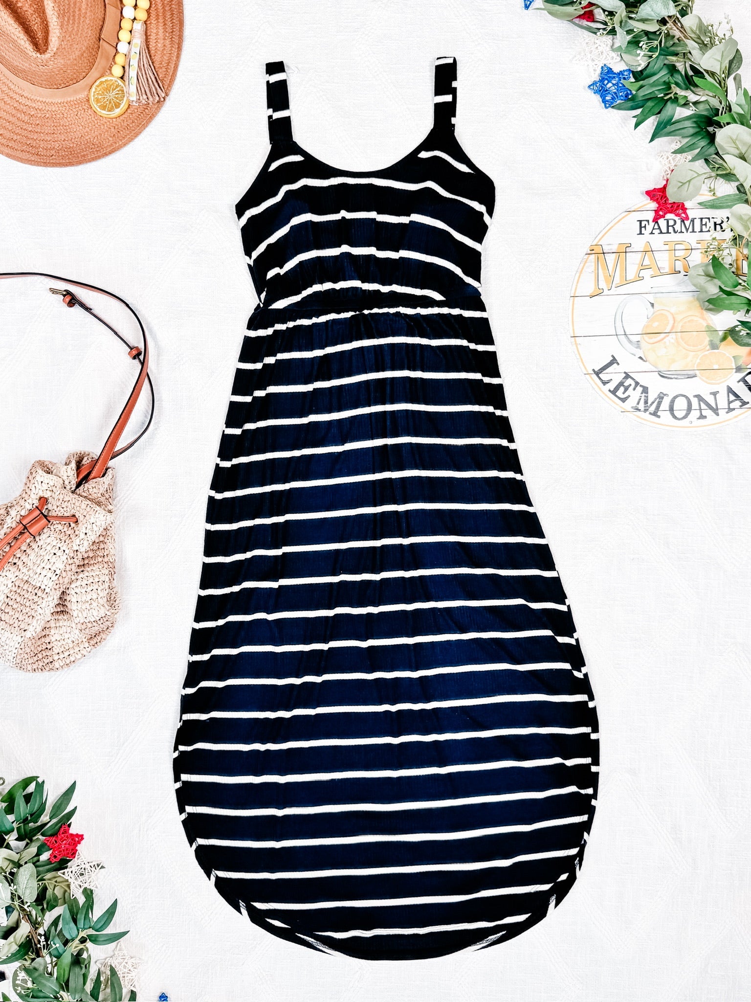 IN STOCK Reagan Ribbed Midi Dress - Midnight Navy Stripes