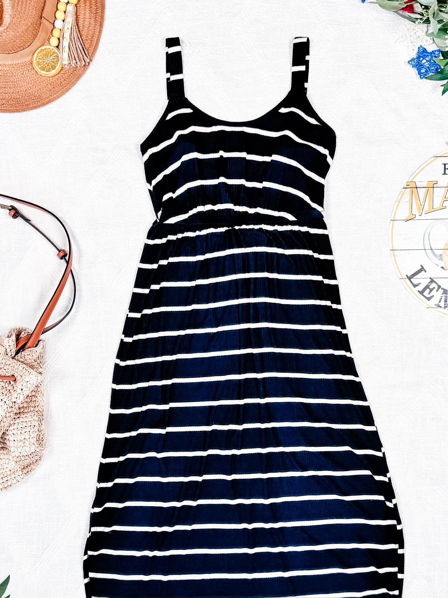 IN STOCK Reagan Ribbed Midi Dress - Midnight Navy Stripes