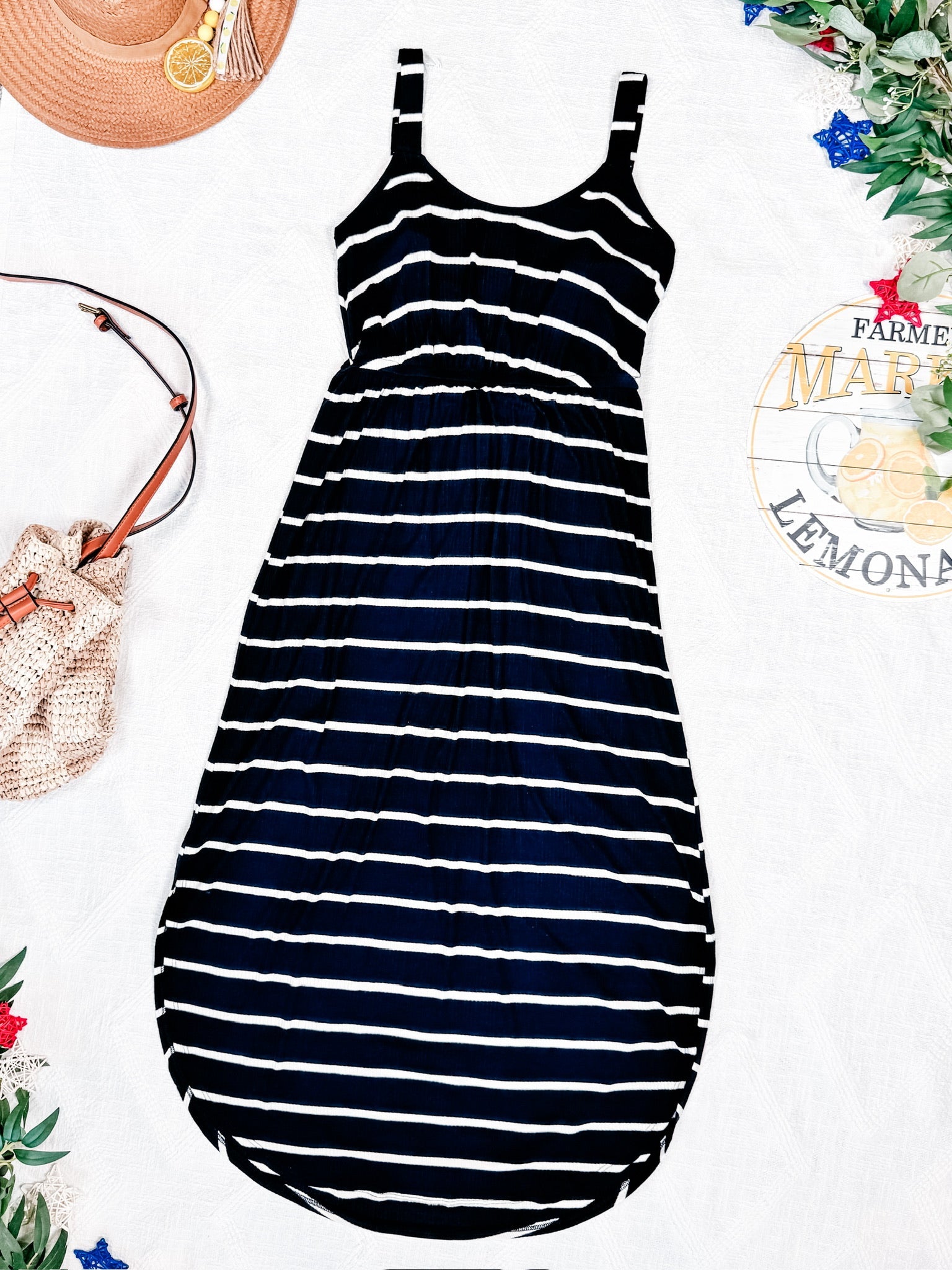 IN STOCK Reagan Ribbed Midi Dress - Midnight Navy Stripes