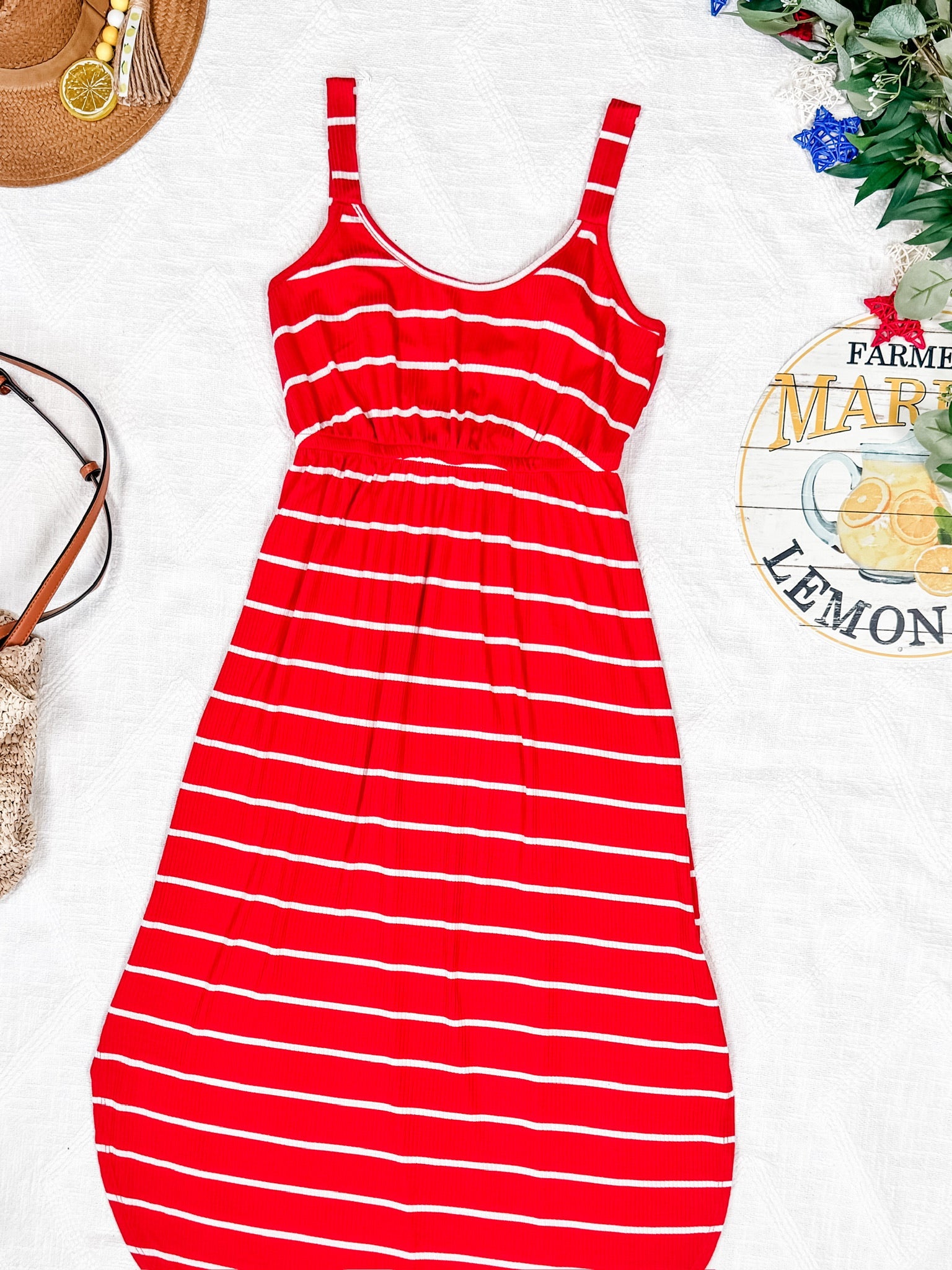 IN STOCK Reagan Ribbed Midi Dress - Red Stripes