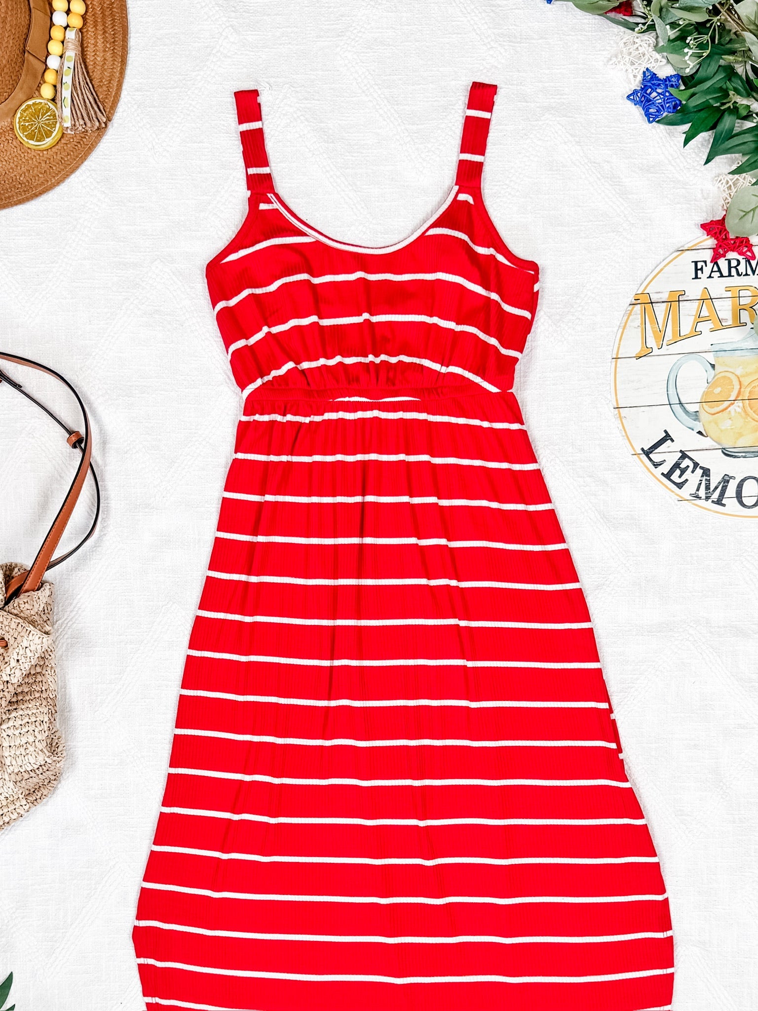 IN STOCK Reagan Ribbed Midi Dress - Red Stripes