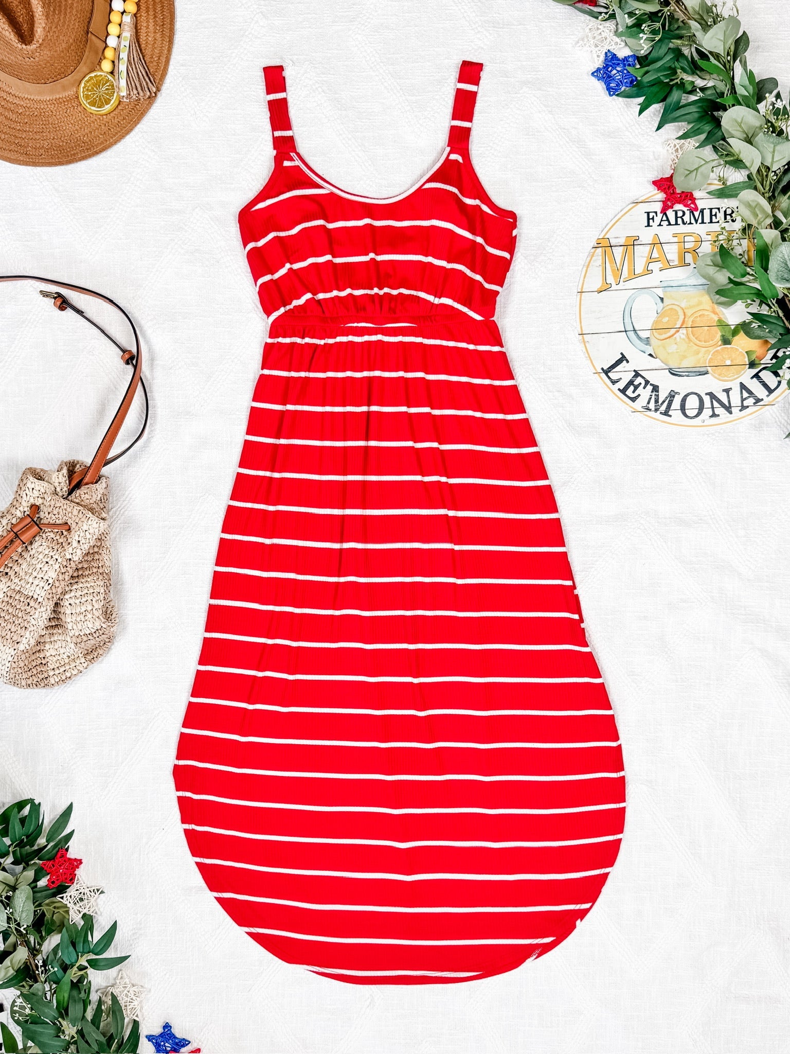 IN STOCK Reagan Ribbed Midi Dress - Red Stripes