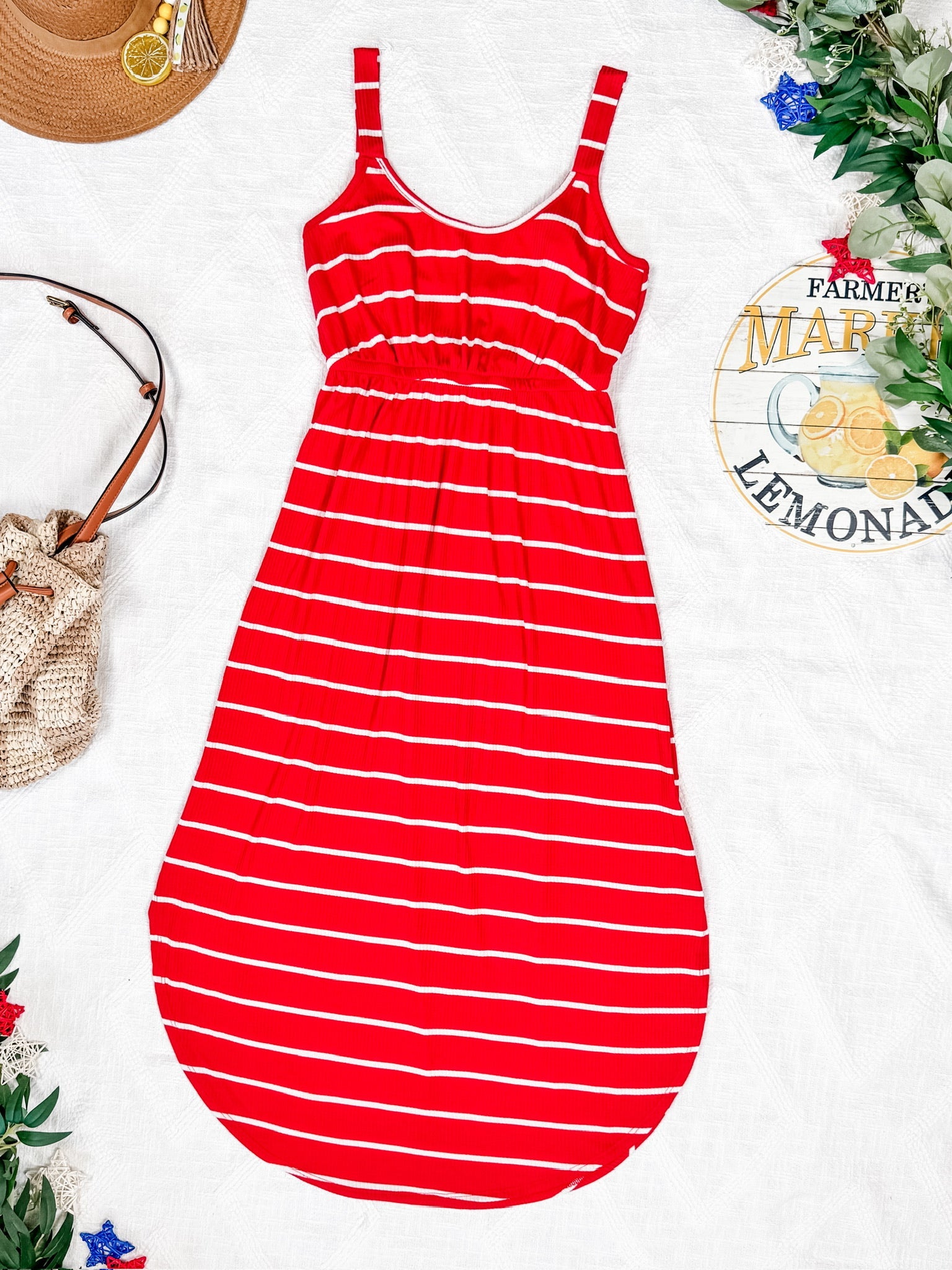 IN STOCK Reagan Ribbed Midi Dress - Red Stripes