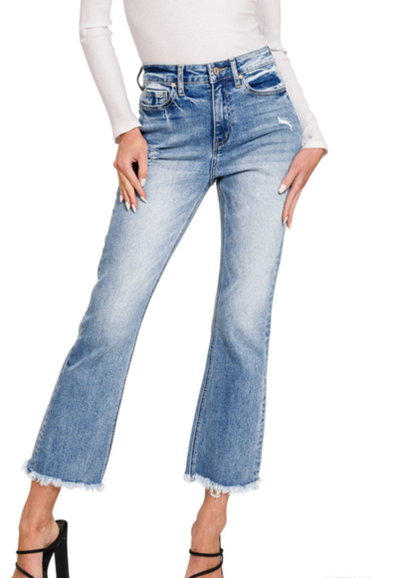 High Rise Straight Raw Hem Cropped Jeans